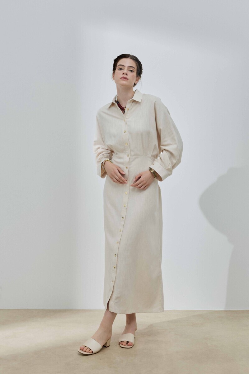 Bej Keten Balon Kol Elbise ile Yaz‐Sonbahar Kombinleri