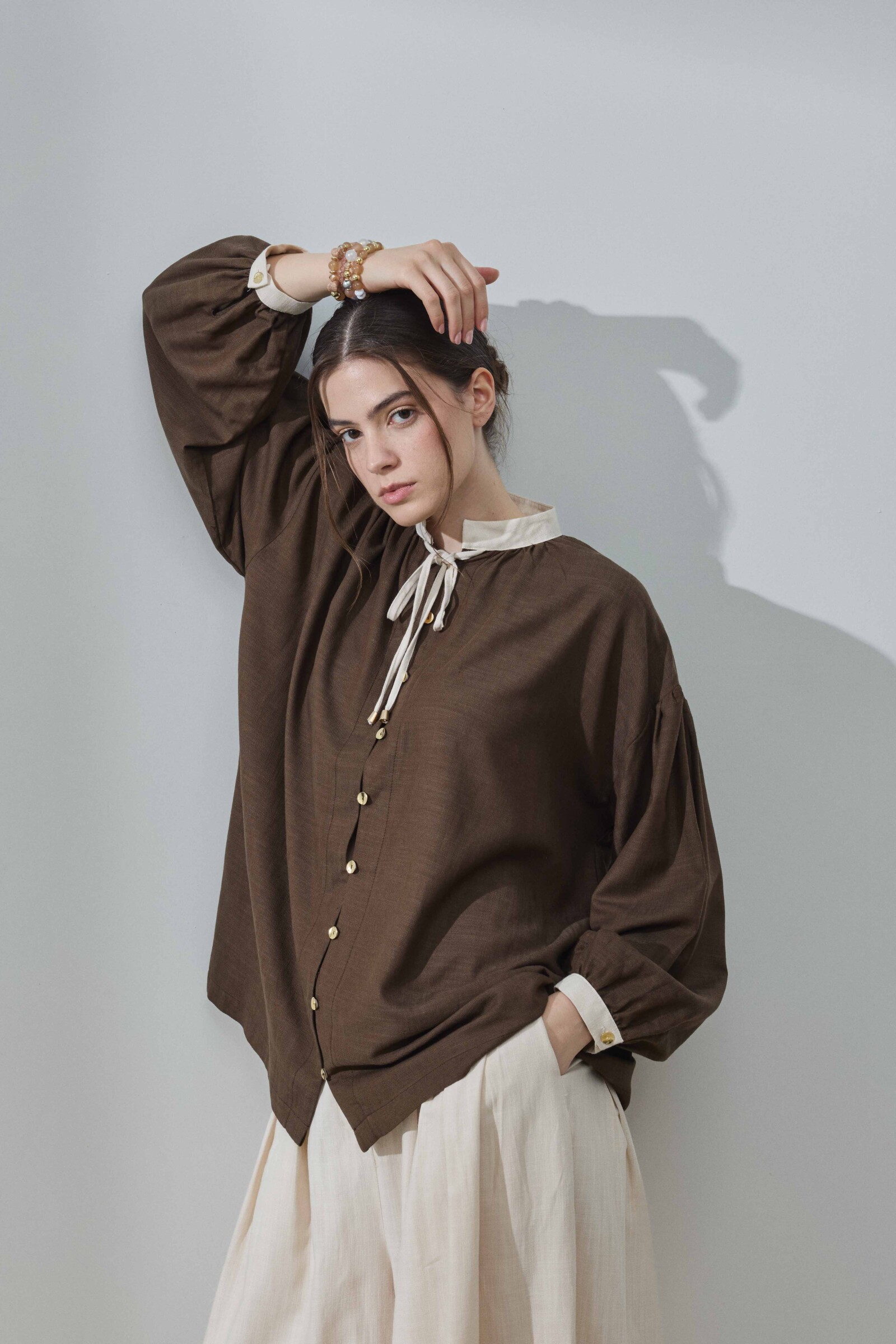 Kahverengi Keten Garnili Gömlek - 5