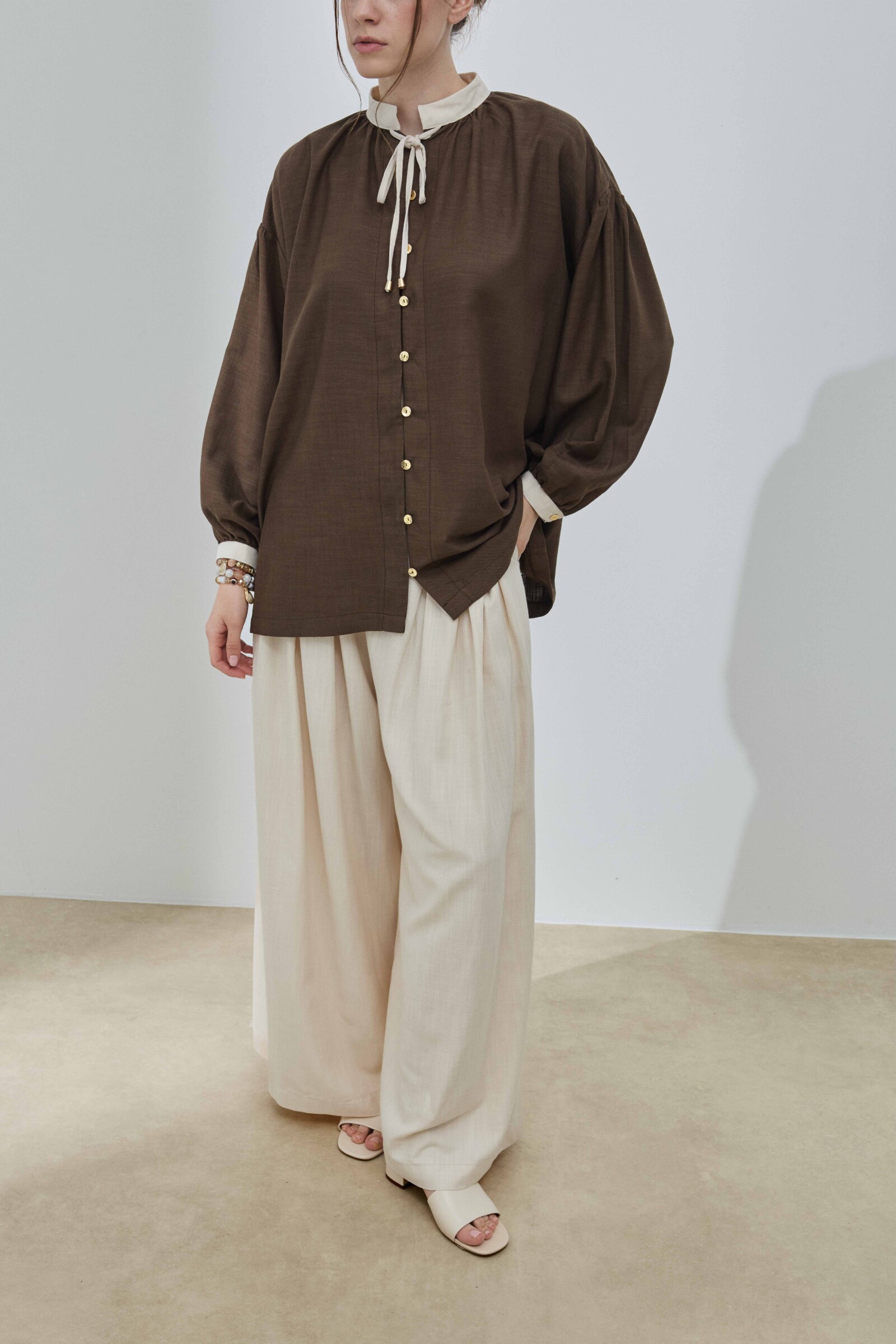 Kahverengi Keten Garnili Gömlek - 7