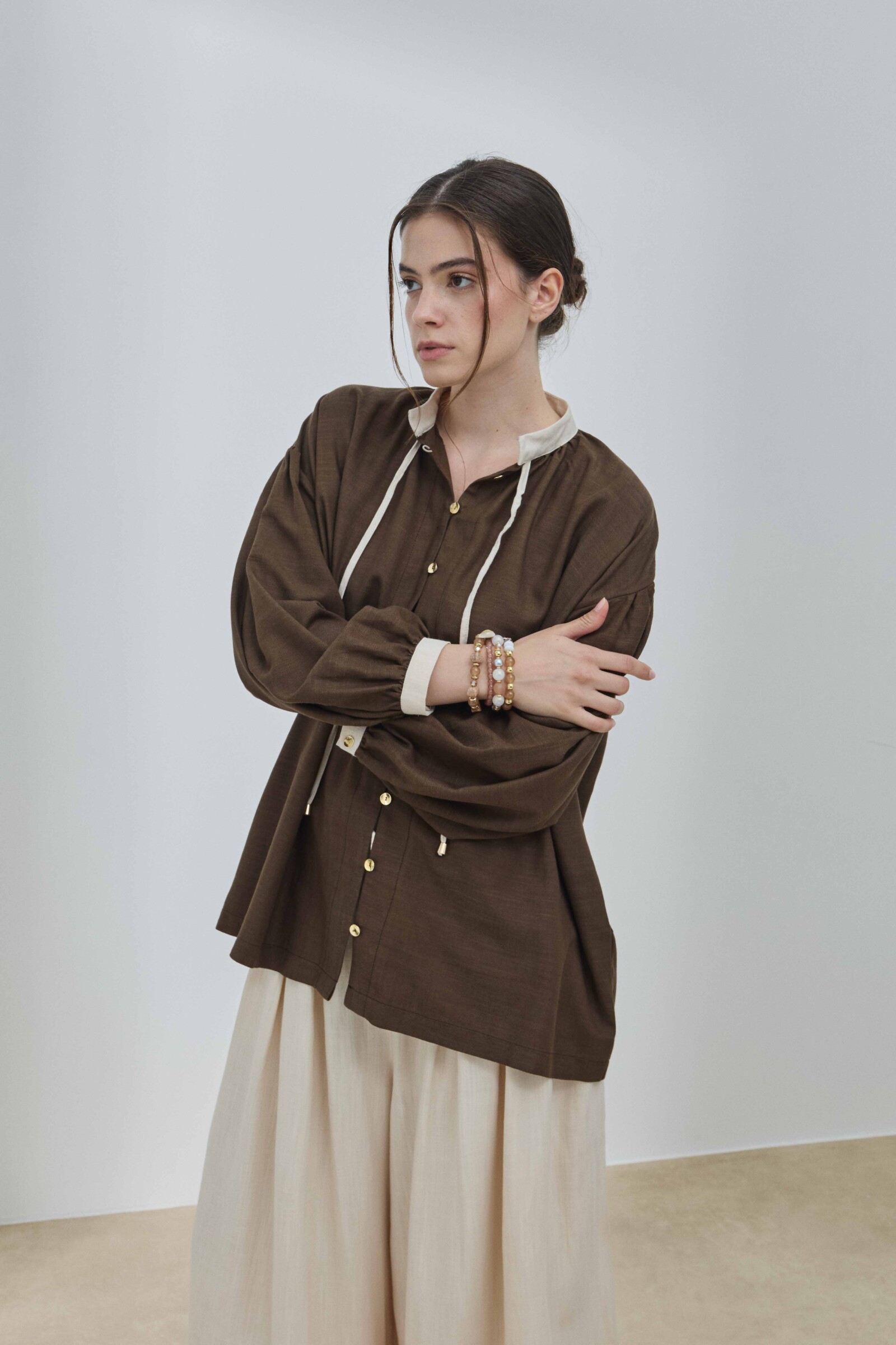 Kahverengi Keten Garnili Gömlek - 8