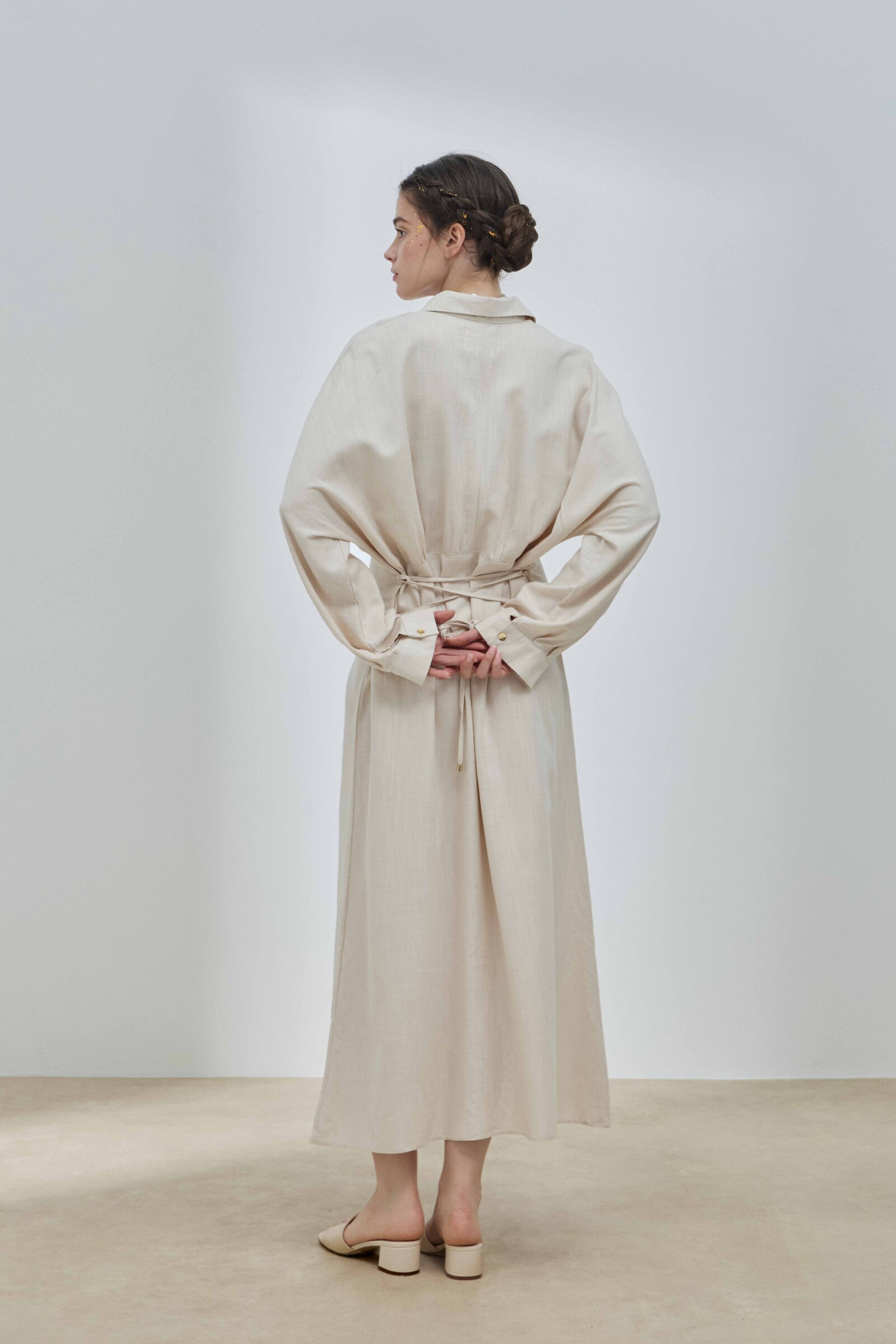 Bej Keten Biritli Elbise - 7