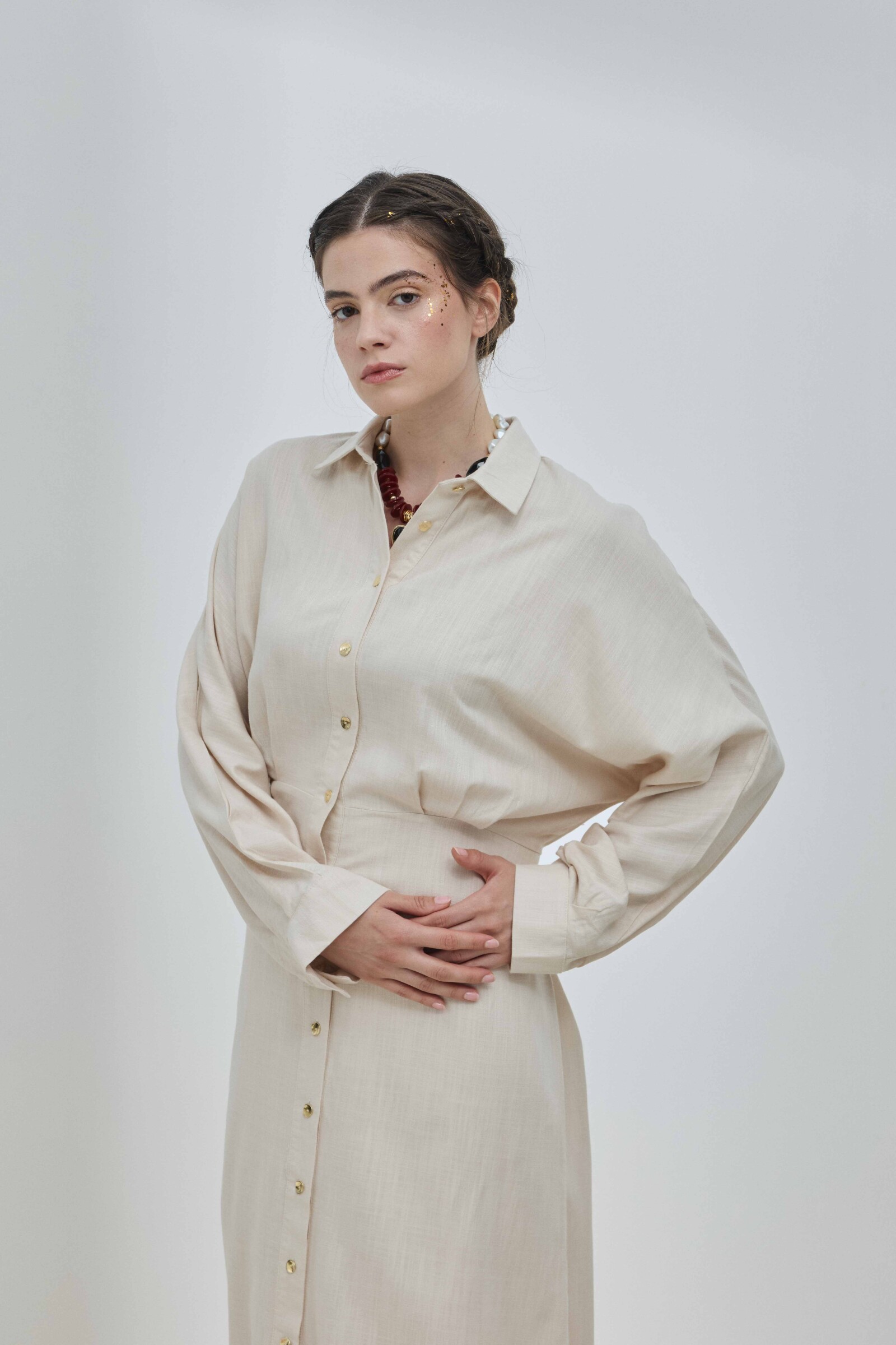 Bej Keten Biritli Elbise - 2