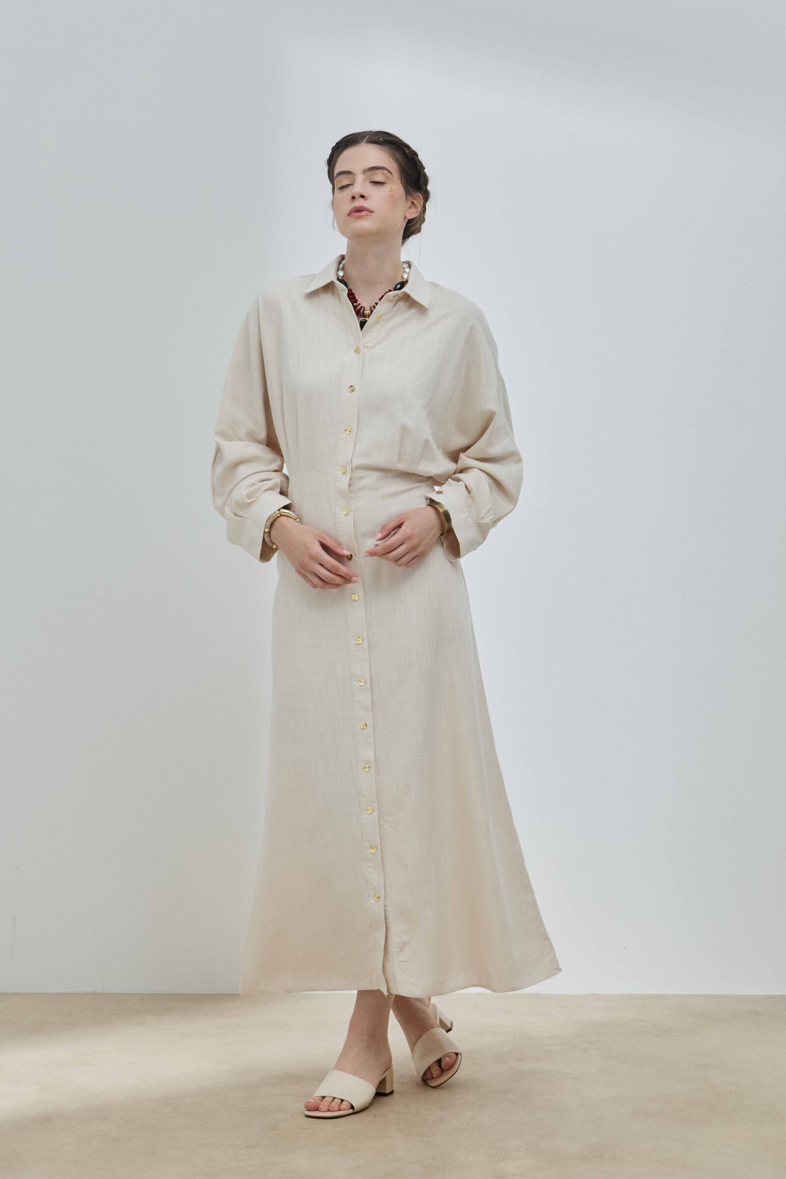 Bej Keten Biritli Elbise - 3