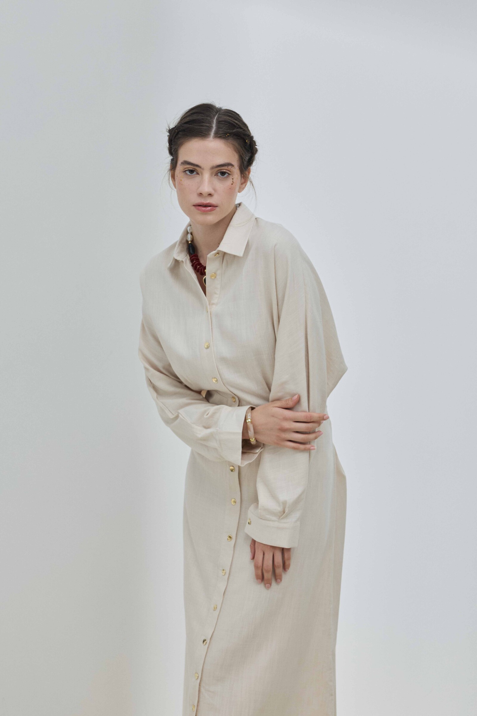 Bej Keten Biritli Elbise - 4