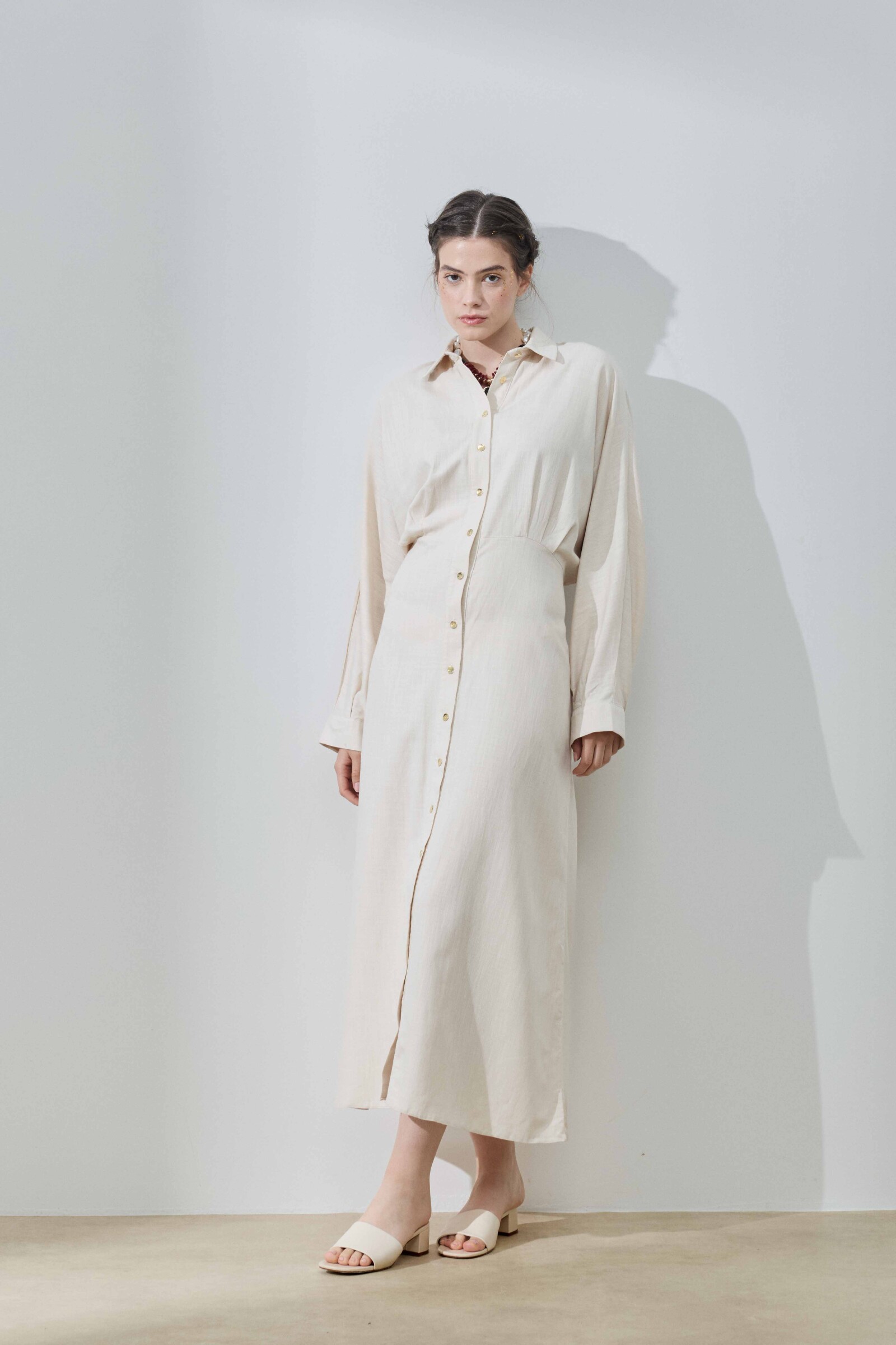 Bej Keten Biritli Elbise - 5