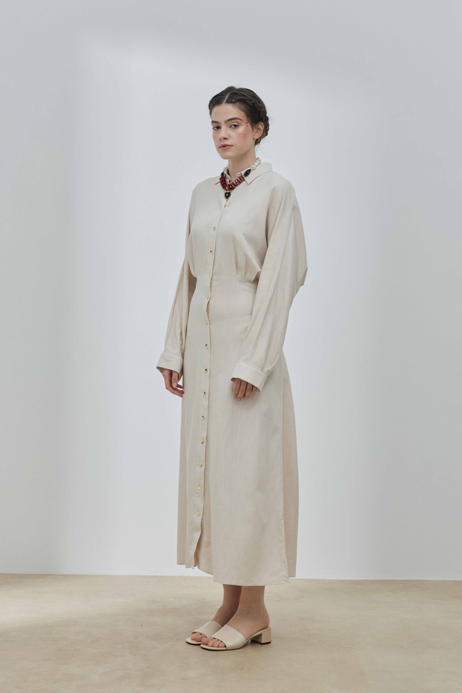 Bej Keten Biritli Elbise - 6