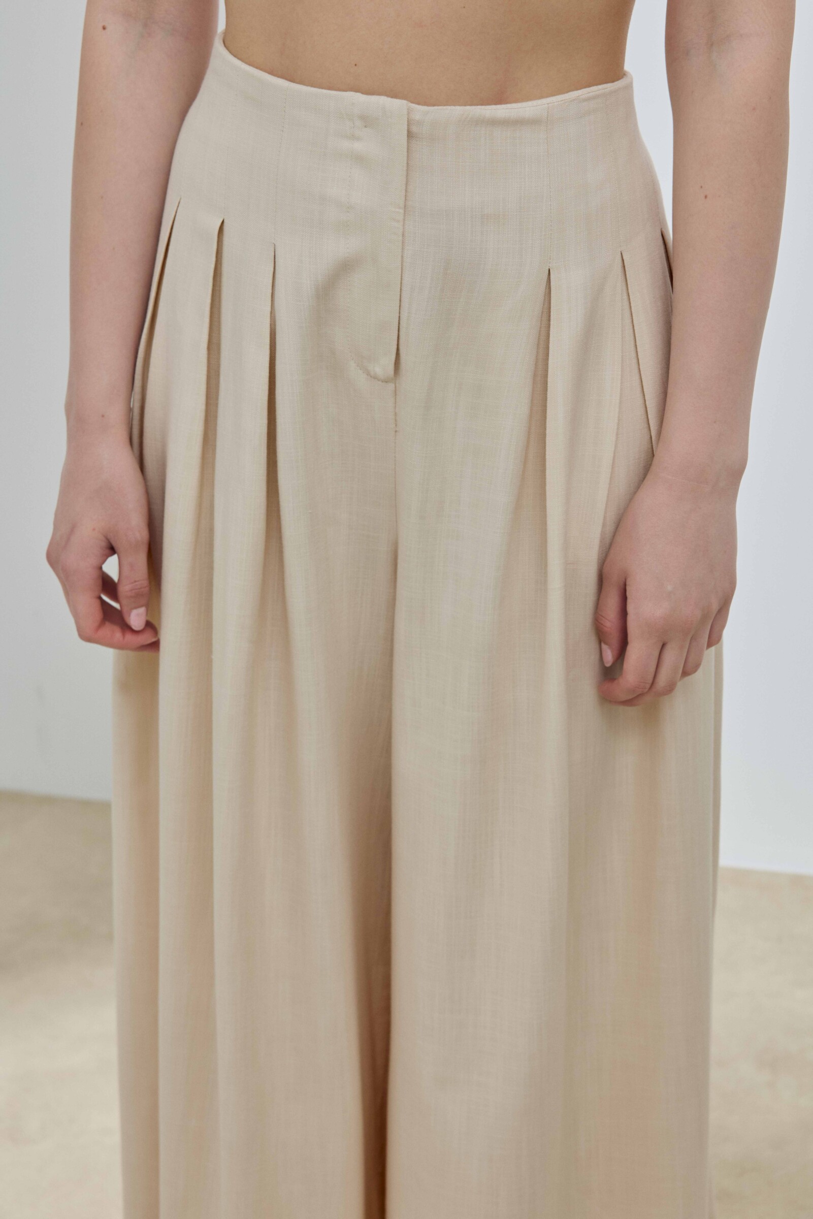 Bej Keten Pileli Etek Pantolon - 6