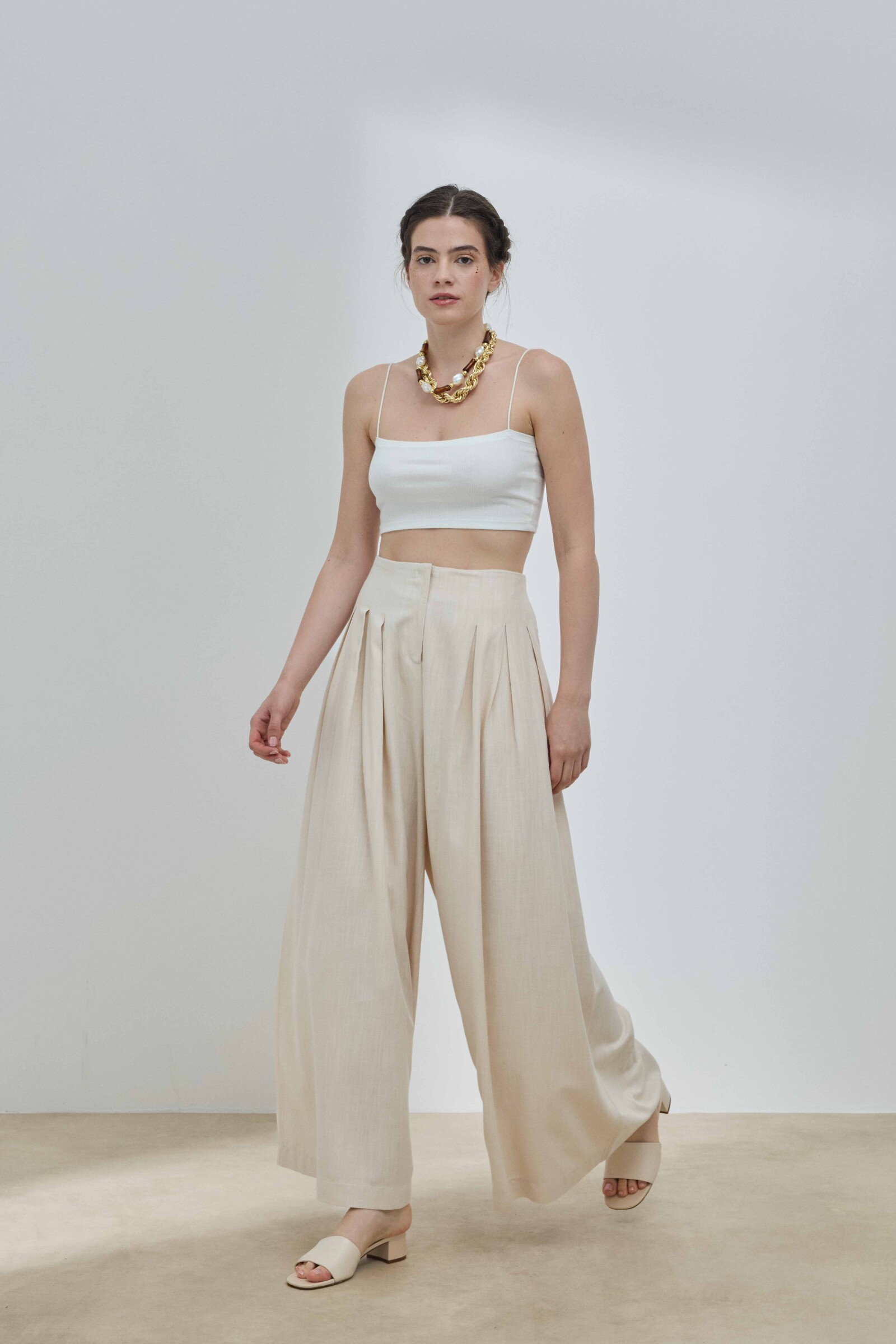 Bej Keten Pileli Etek Pantolon - 3