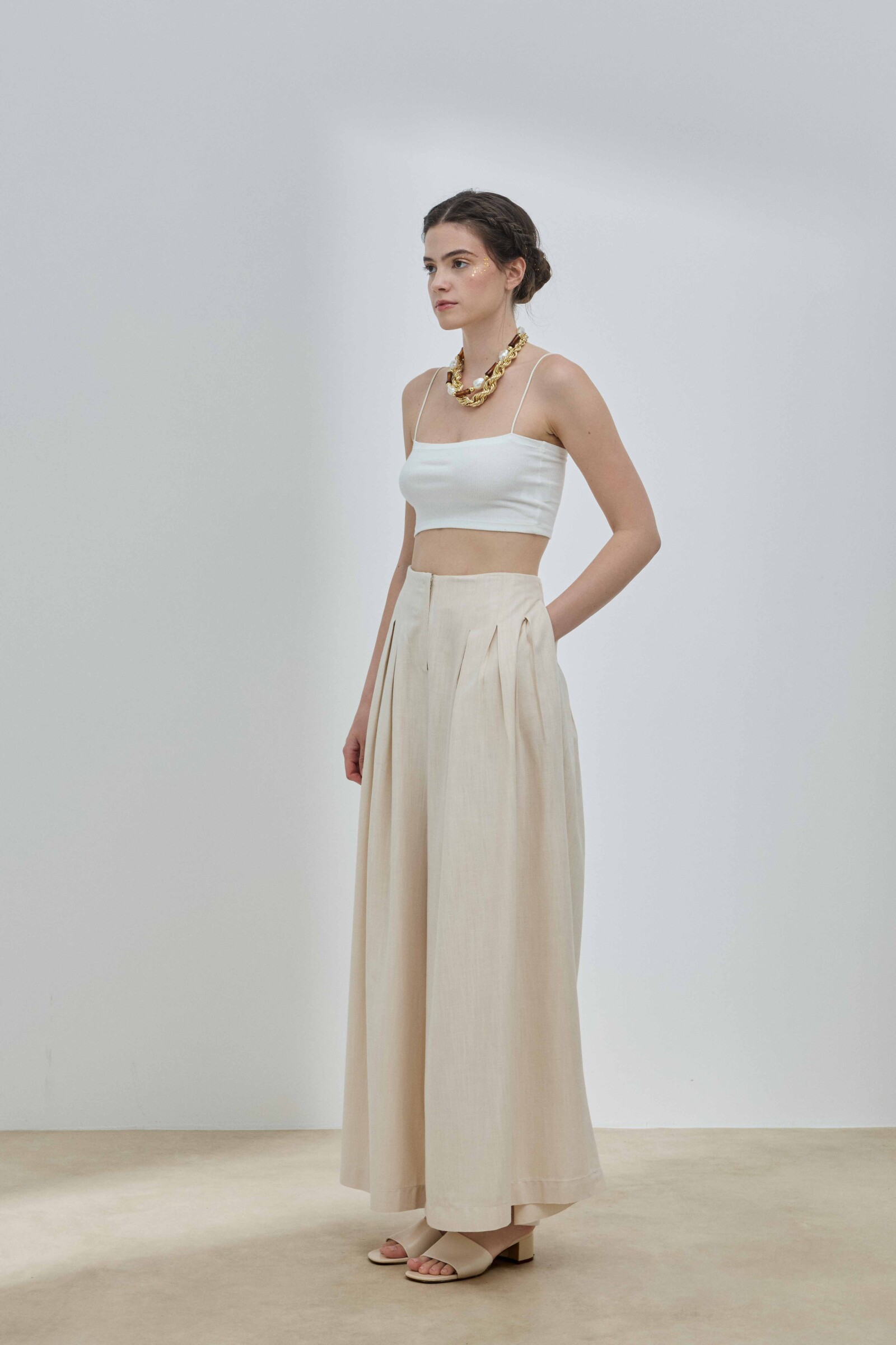 Bej Keten Pileli Etek Pantolon - 4