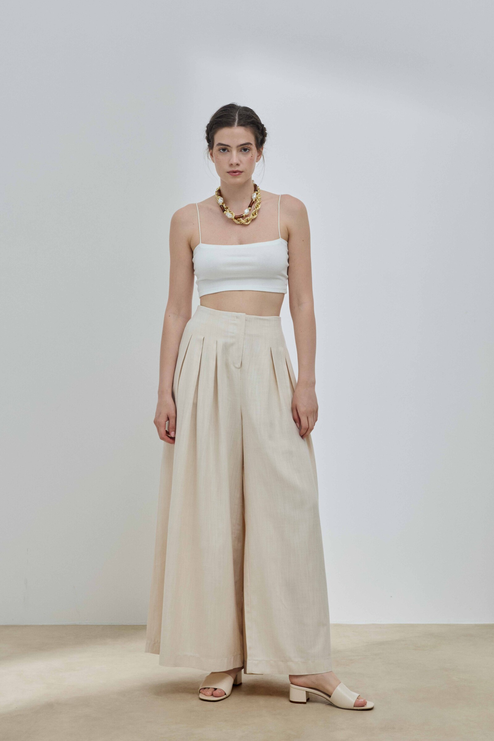 Bej Keten Pileli Etek Pantolon - 2