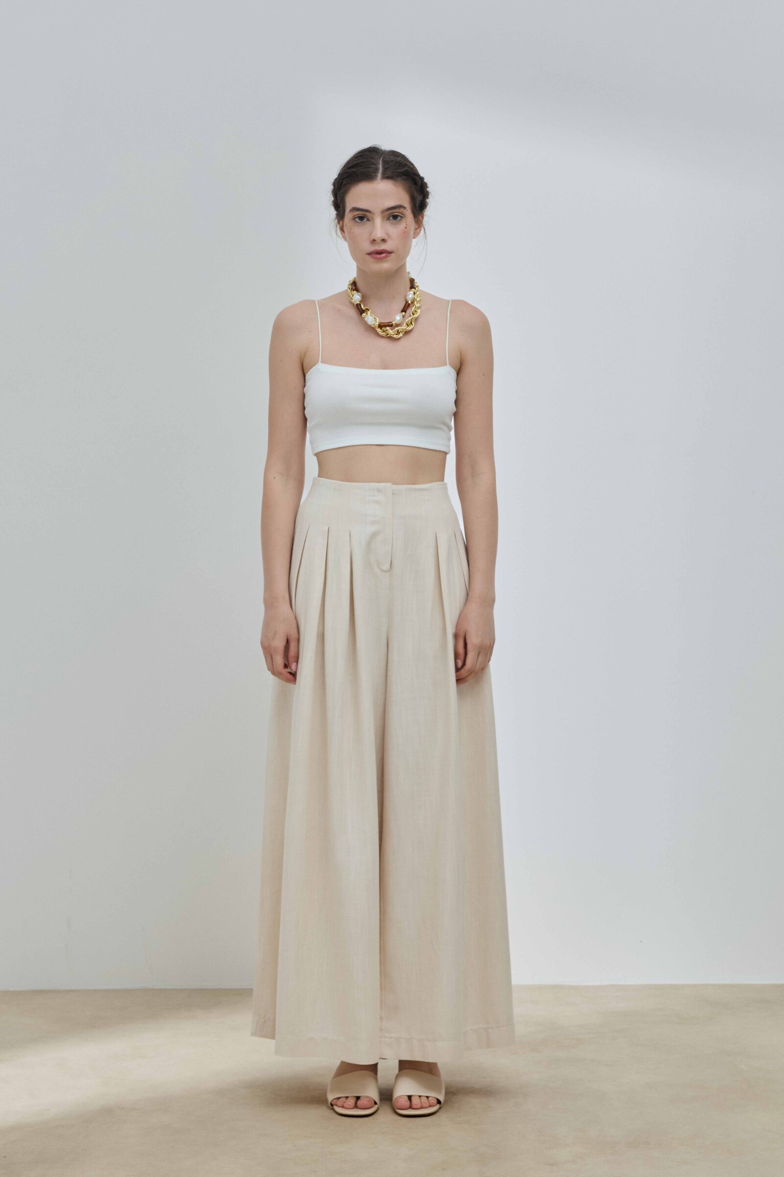 Bej Keten Pileli Etek Pantolon - 1