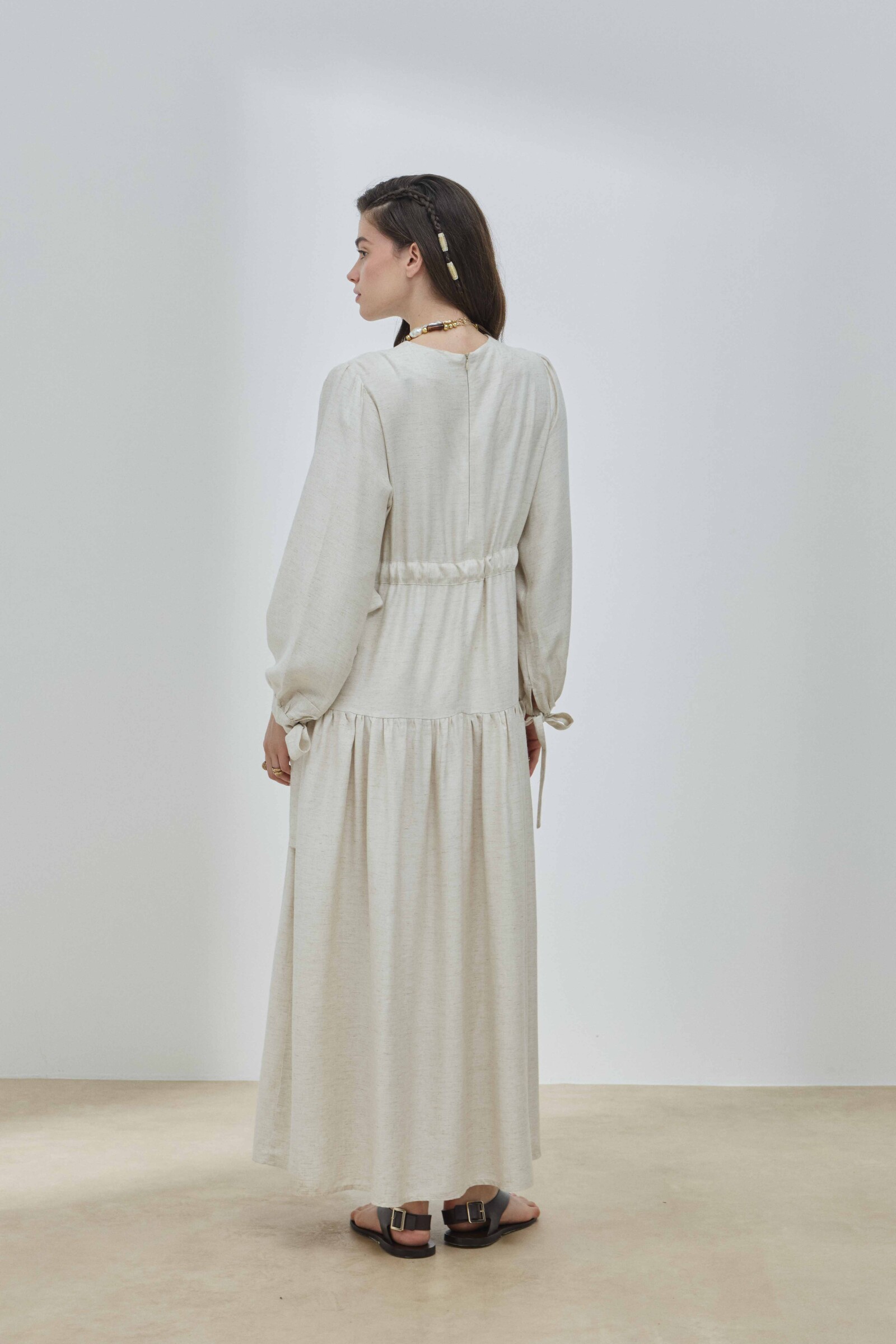 Bej Keten Bağlamalı Elbise - 6