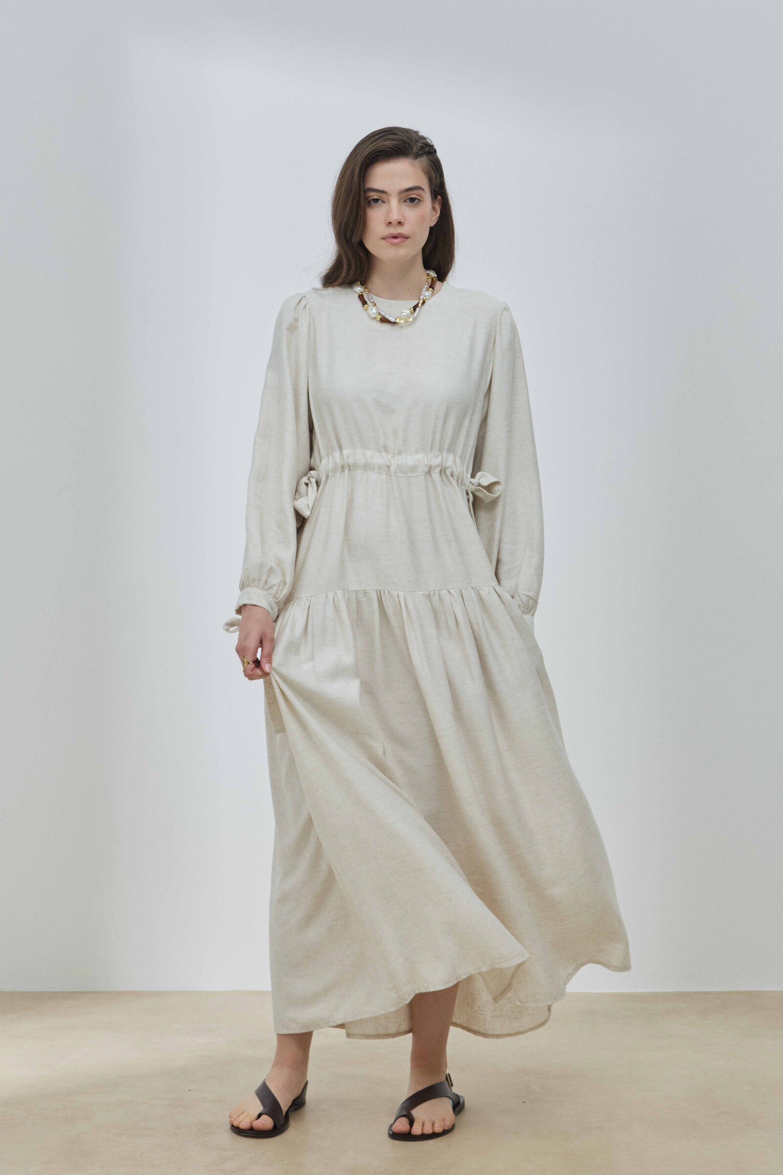 Bej Keten Bağlamalı Elbise - 1