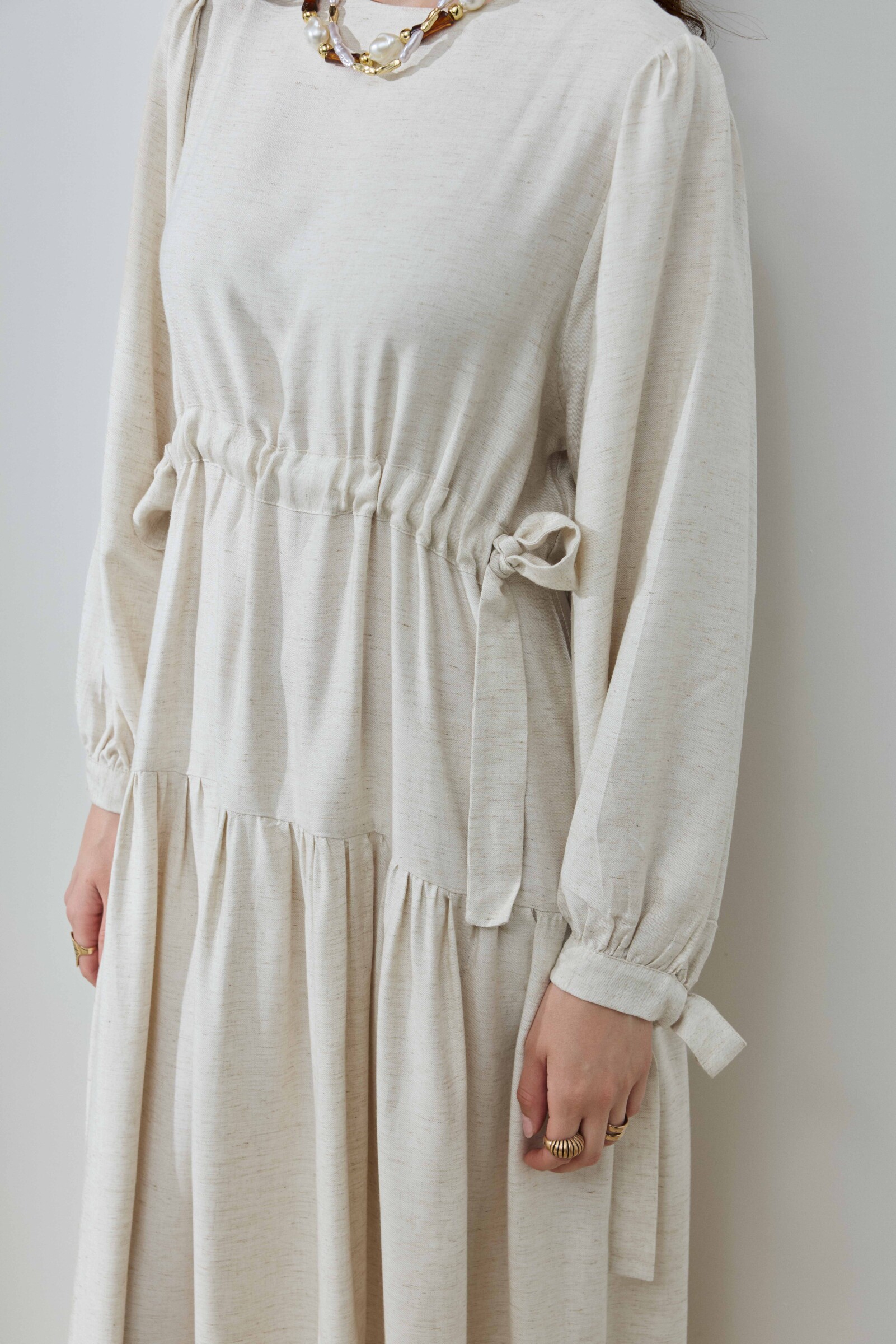 Bej Keten Bağlamalı Elbise - 2