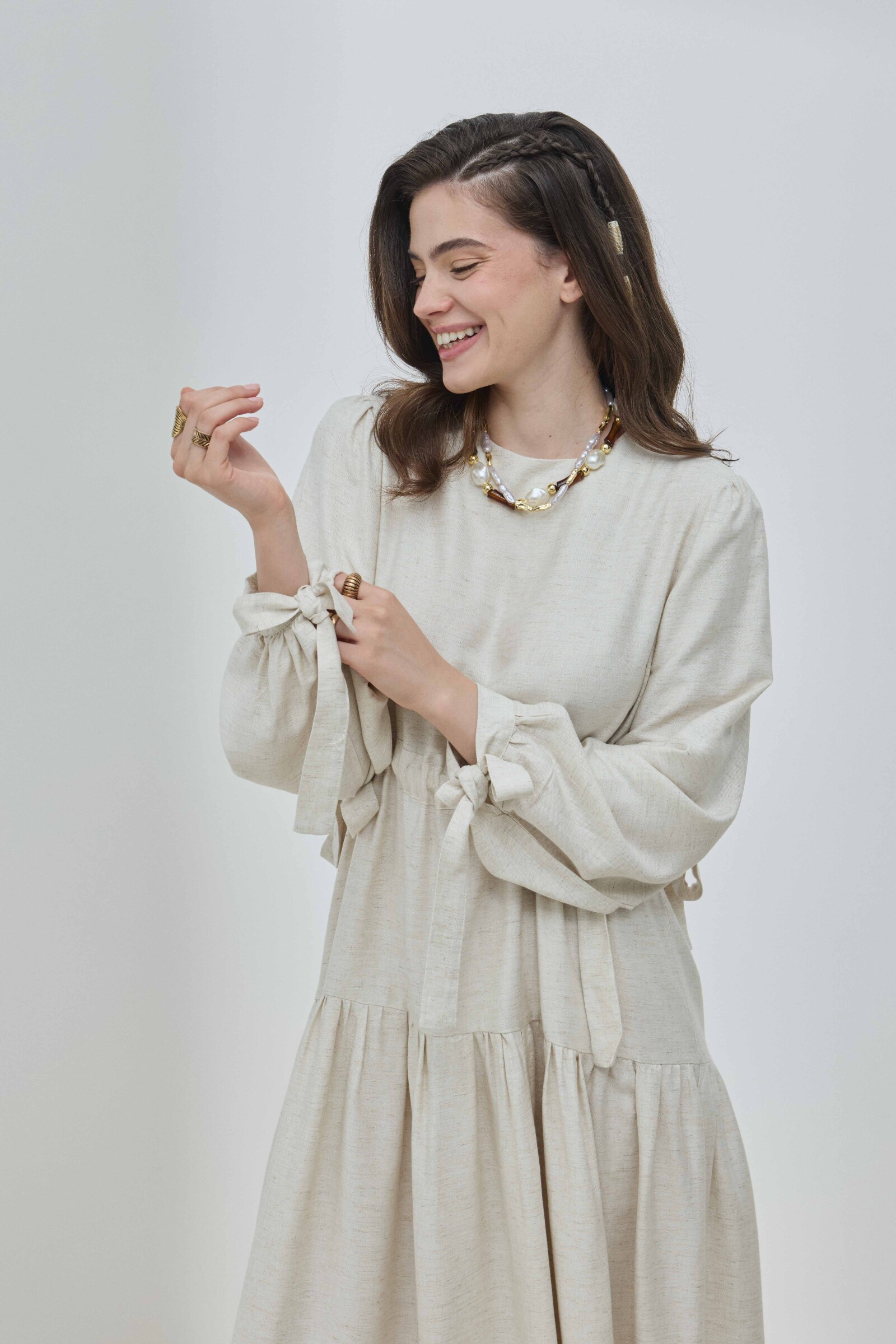 Bej Keten Bağlamalı Elbise - 4