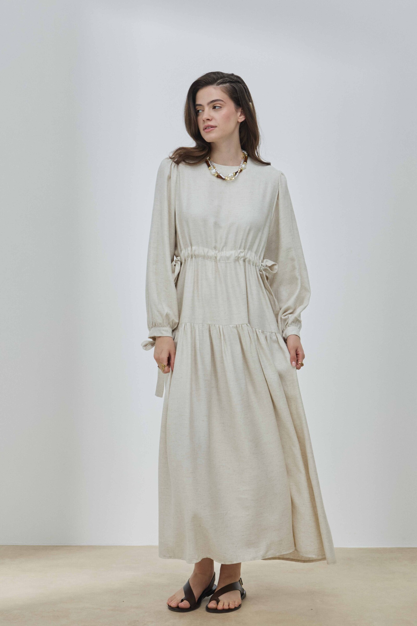 Bej Keten Bağlamalı Elbise - 3