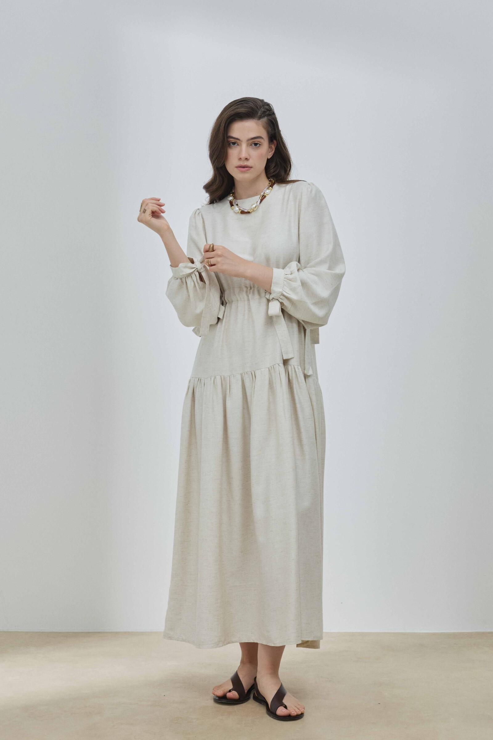 Bej Keten Bağlamalı Elbise - 7