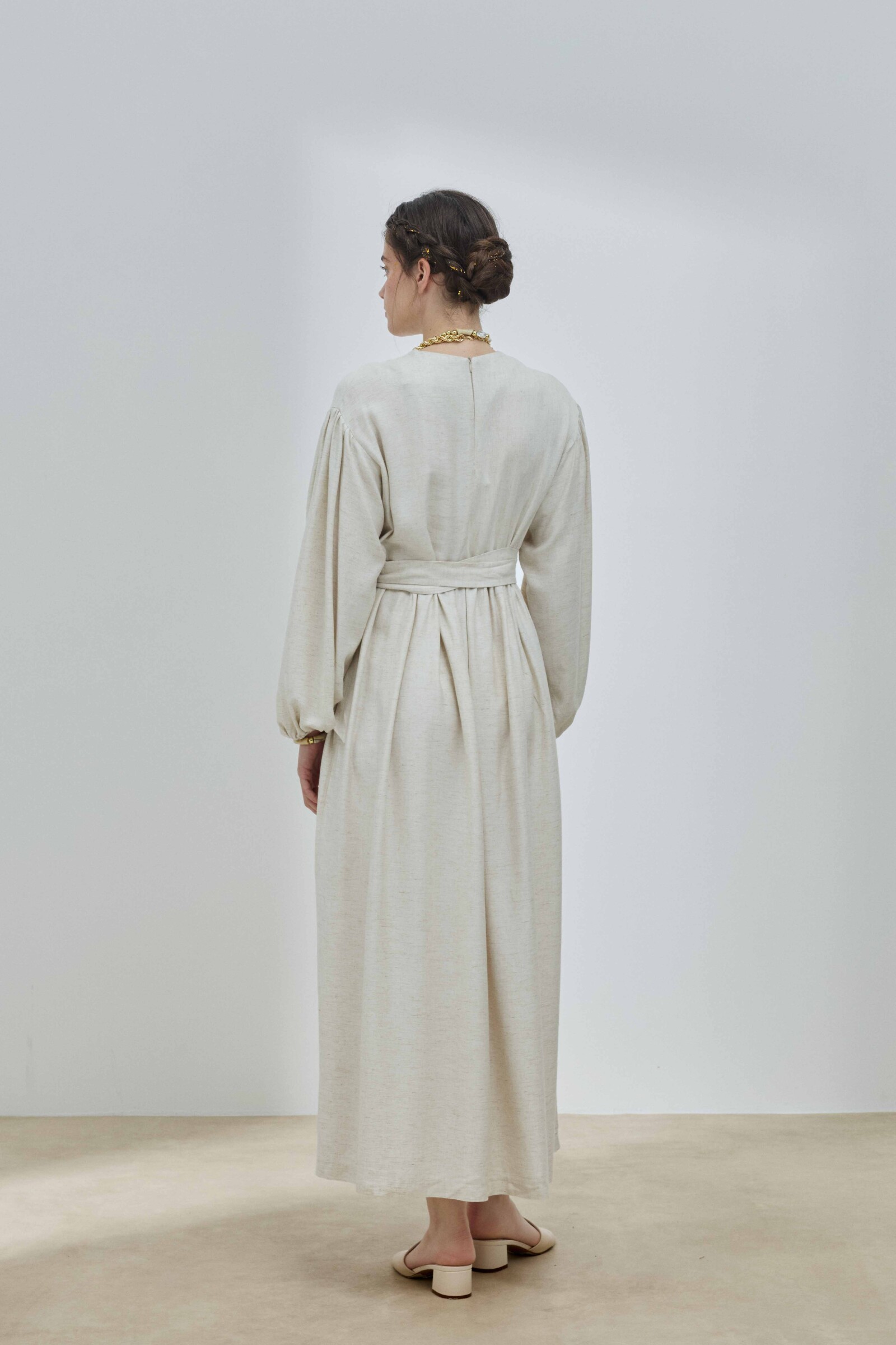 Bej Keten Balon Kol Elbise - 6