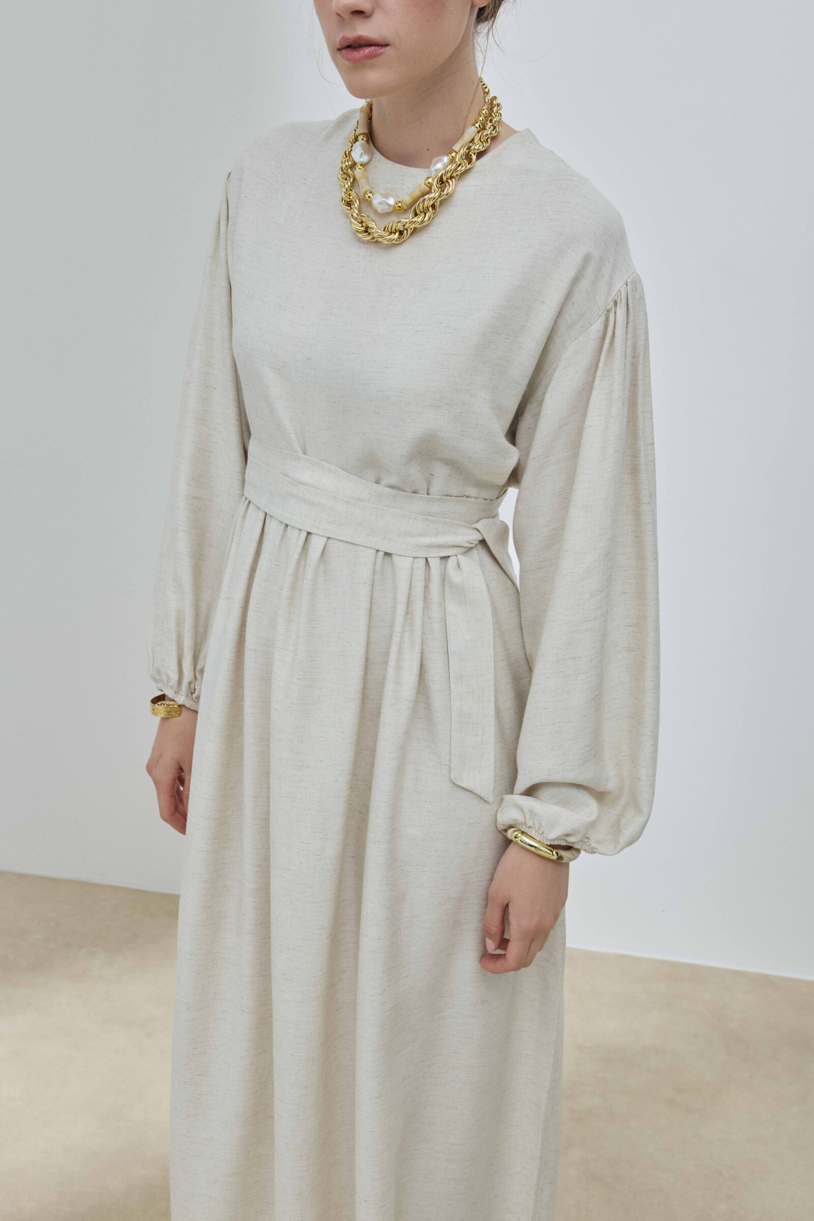 Bej Keten Balon Kol Elbise - 2