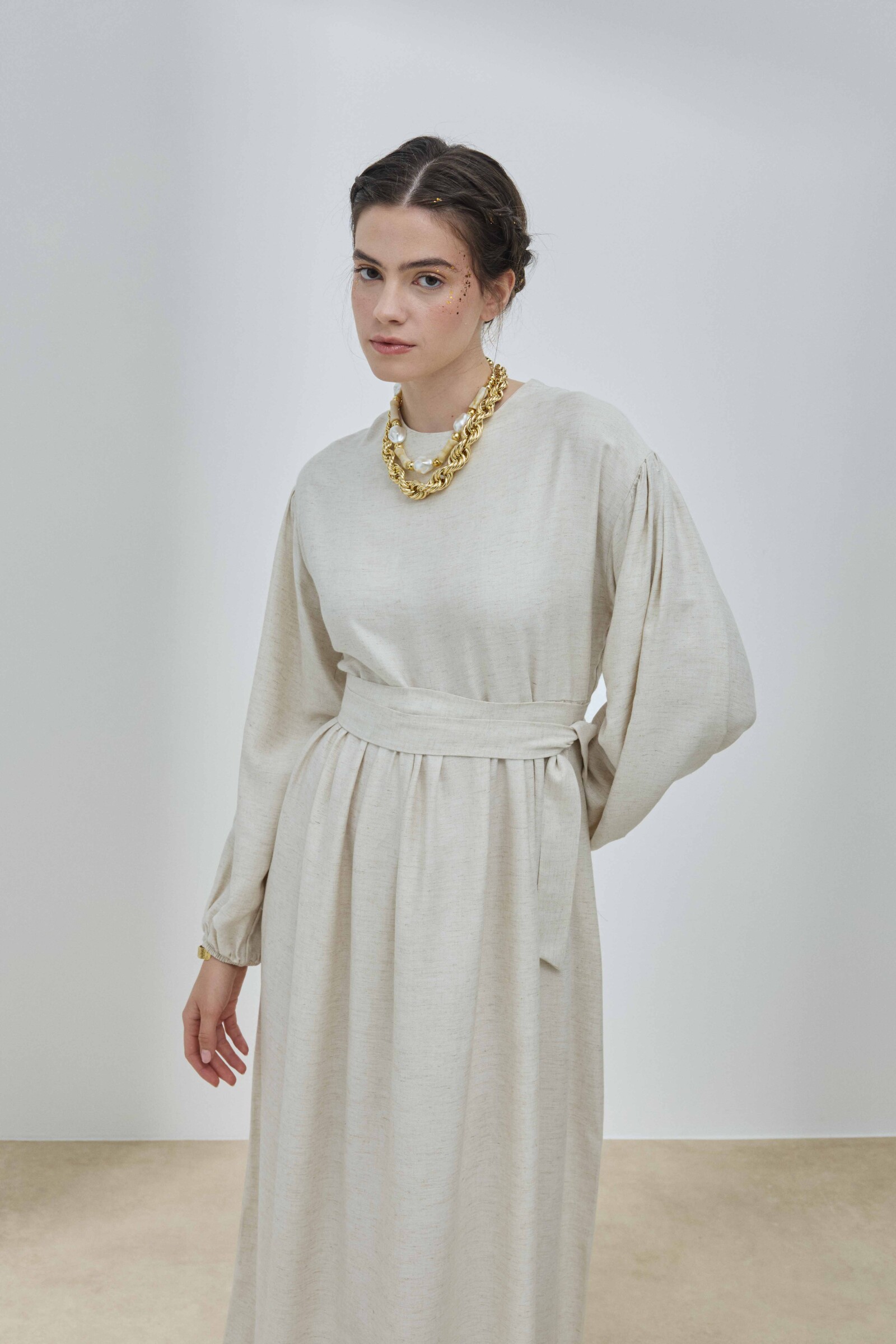 Bej Keten Balon Kol Elbise - 4