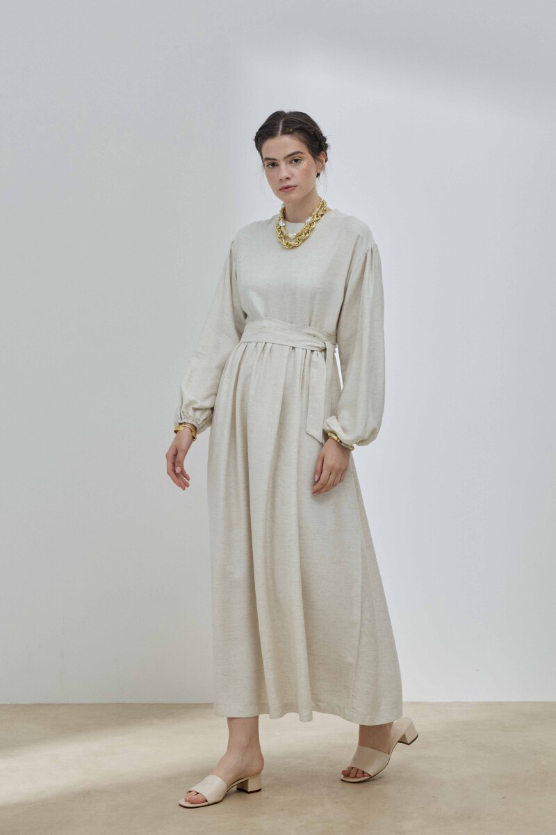 Bej Keten Balon Kol Elbise - 