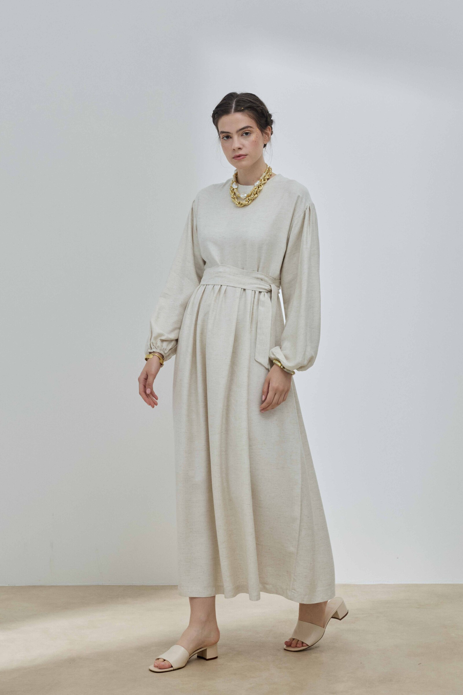 Bej Keten Balon Kol Elbise - 1