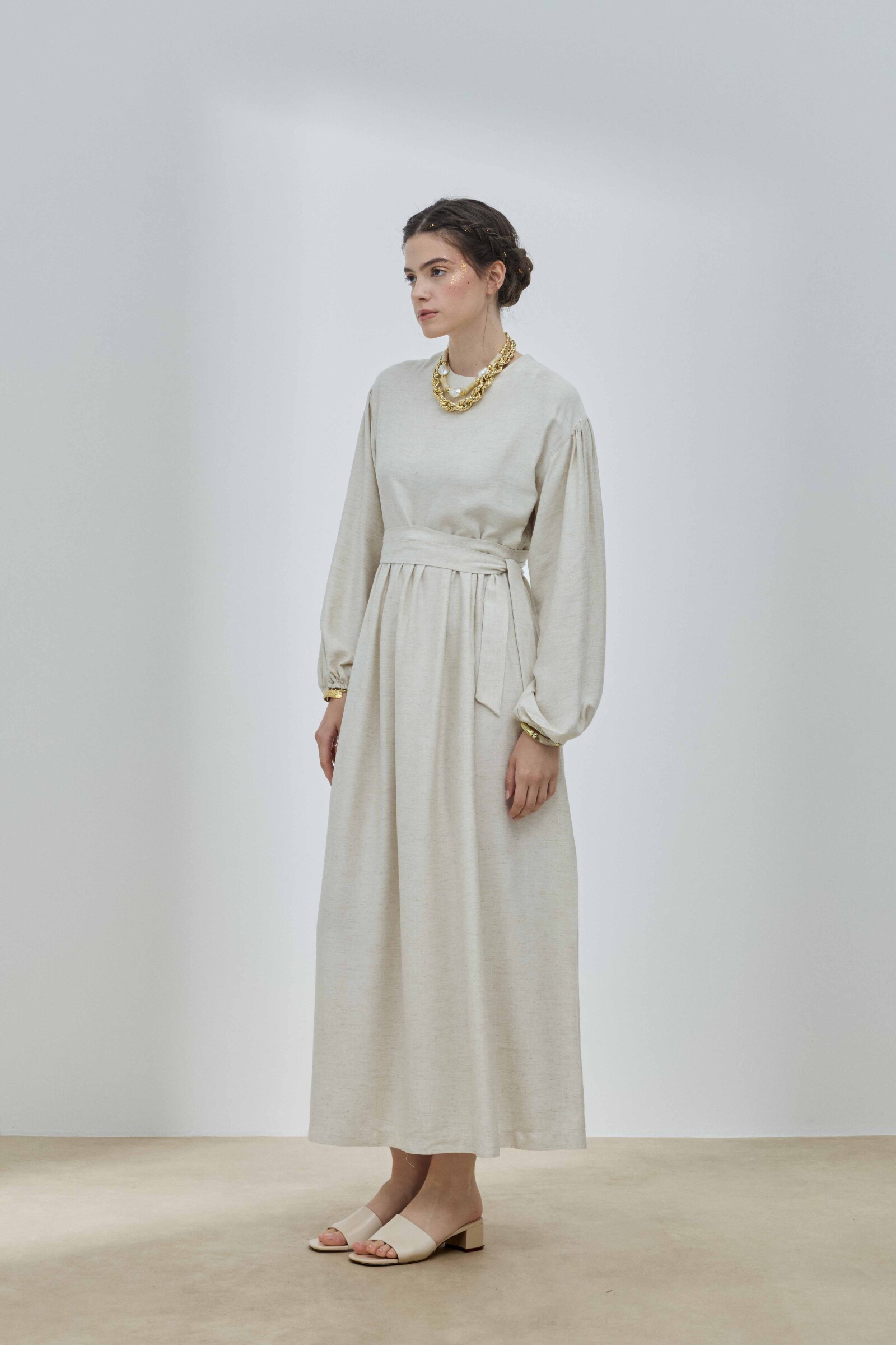 Bej Keten Balon Kol Elbise - 5