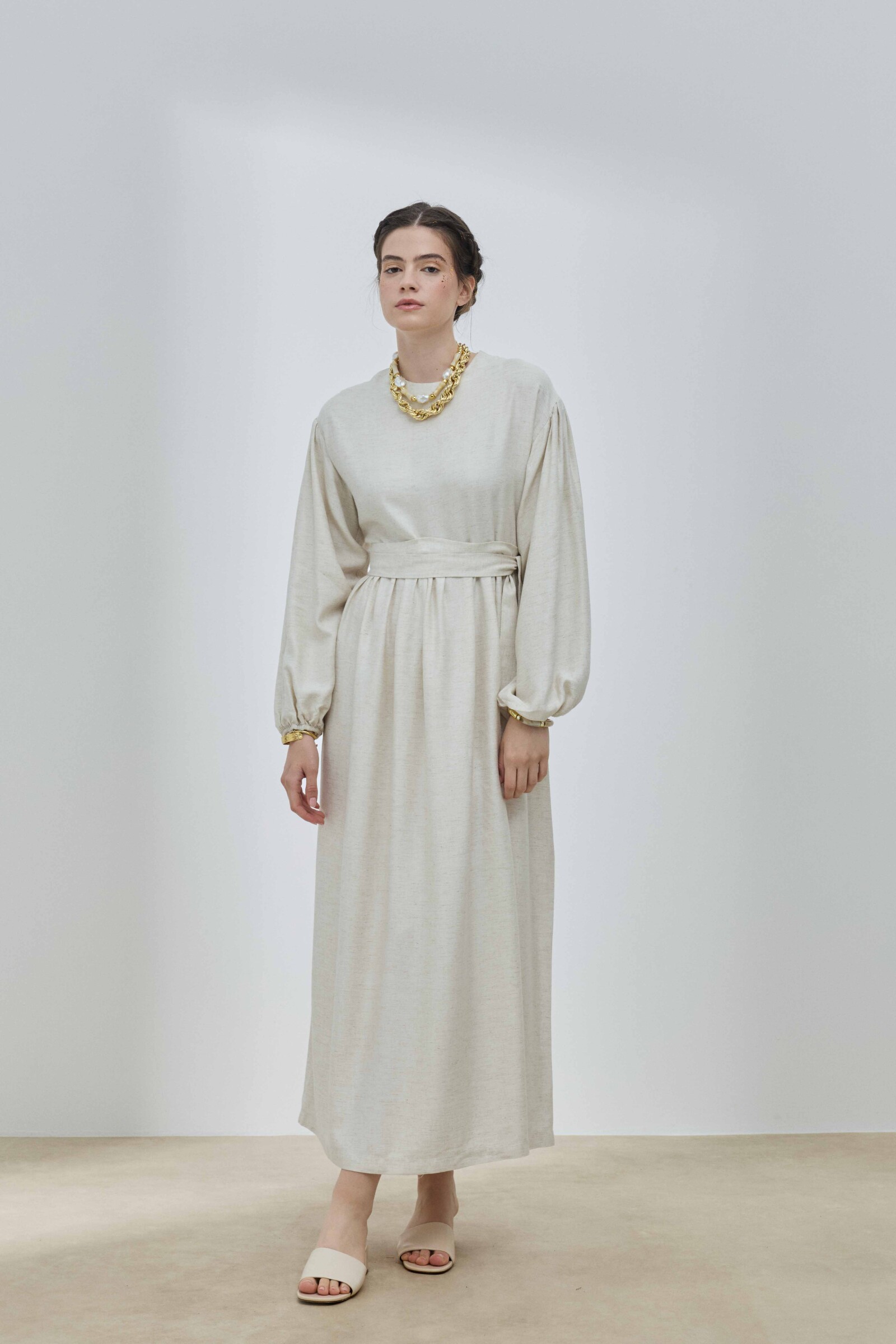 Bej Keten Balon Kol Elbise - 3