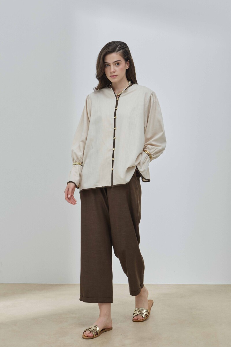 Bej Keten Biyeli Gömlek - 