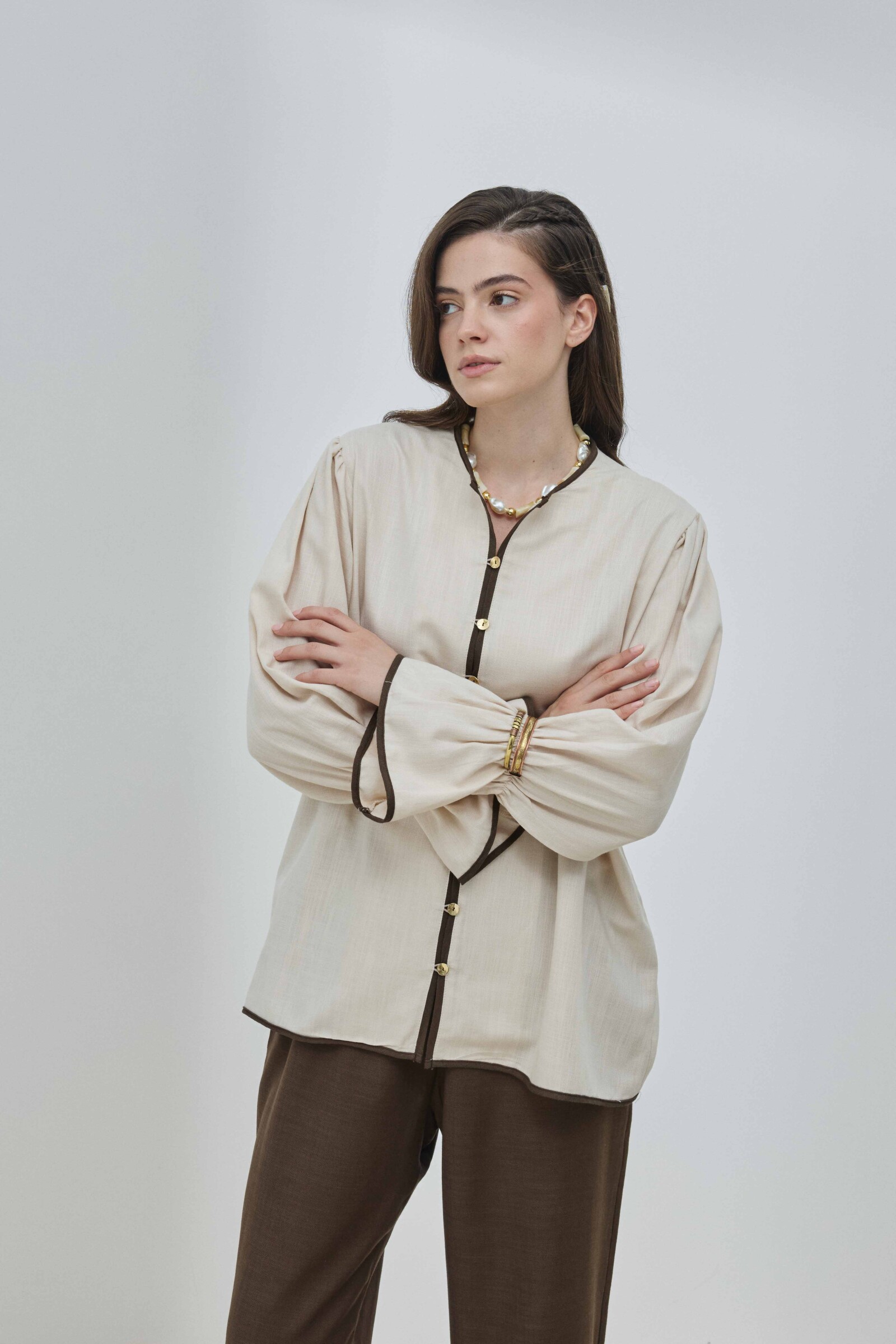 Bej Keten Biyeli Gömlek - 4