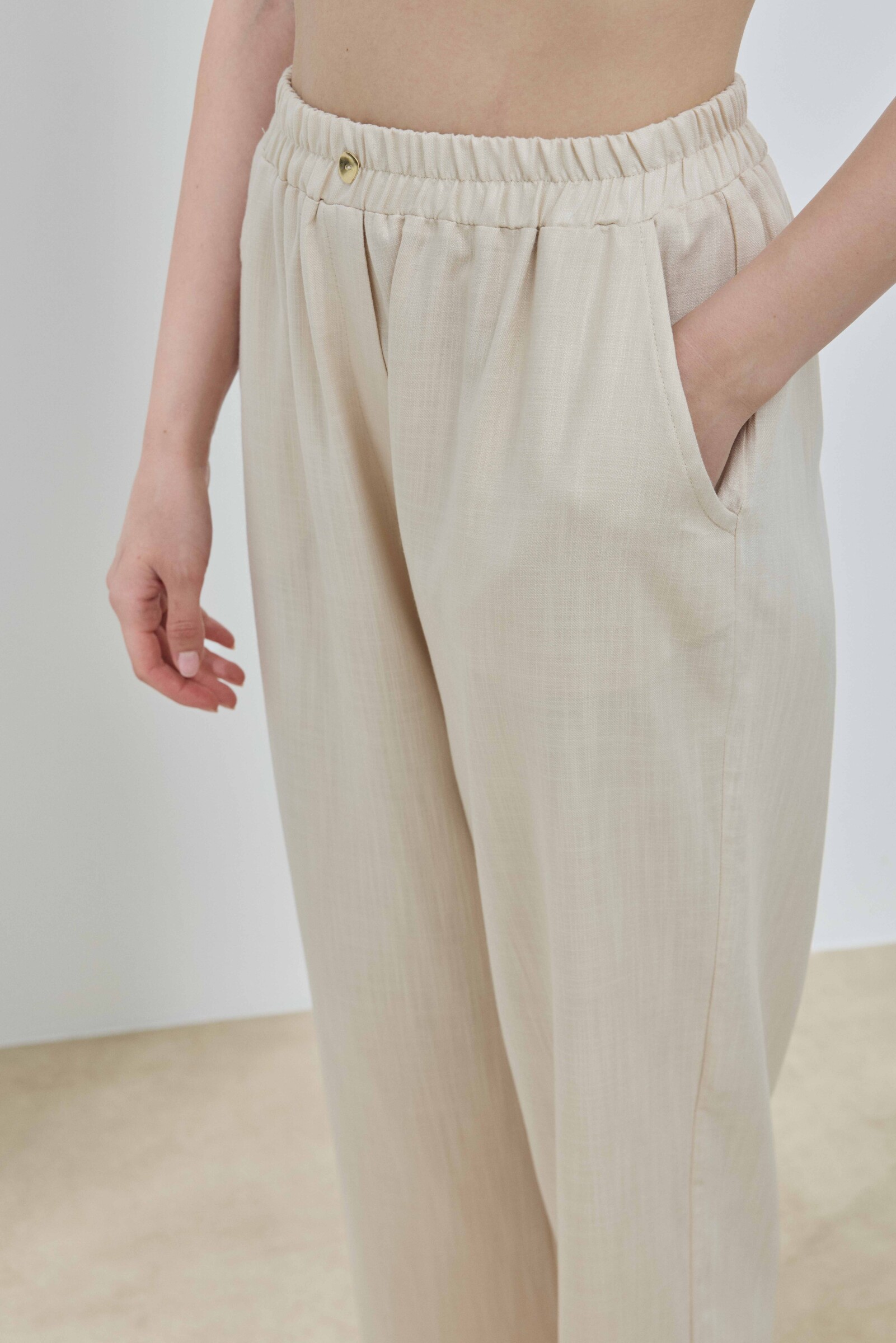 Bej Keten Duble Paça Pantolon - 3