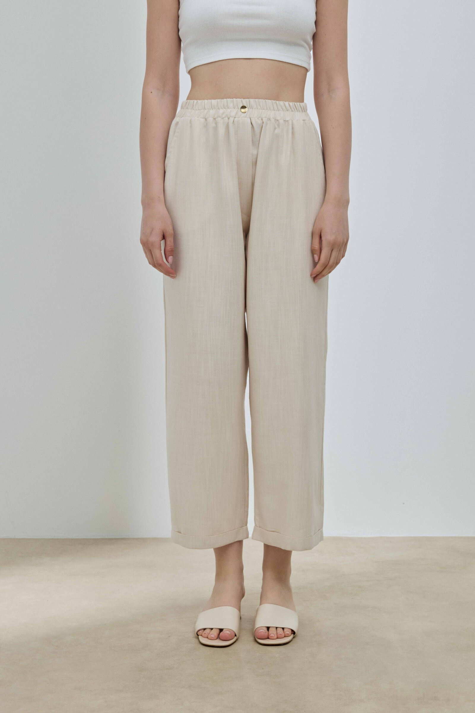 Bej Keten Duble Paça Pantolon - 4