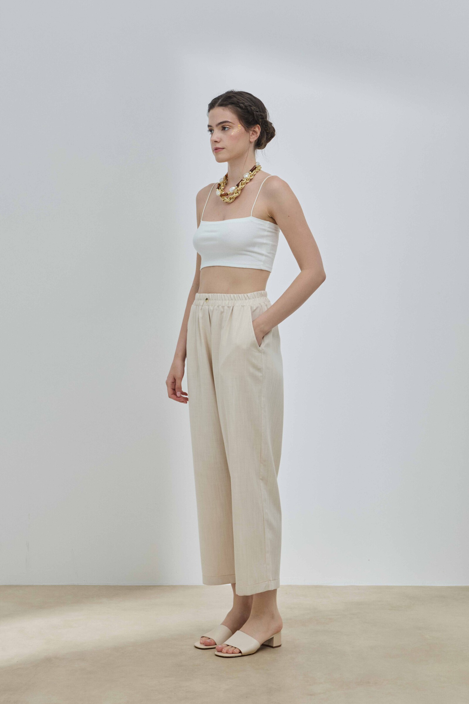 Bej Keten Duble Paça Pantolon - 2