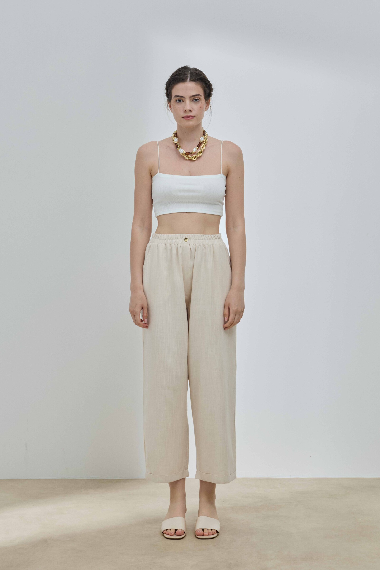 Bej Keten Duble Paça Pantolon - 1