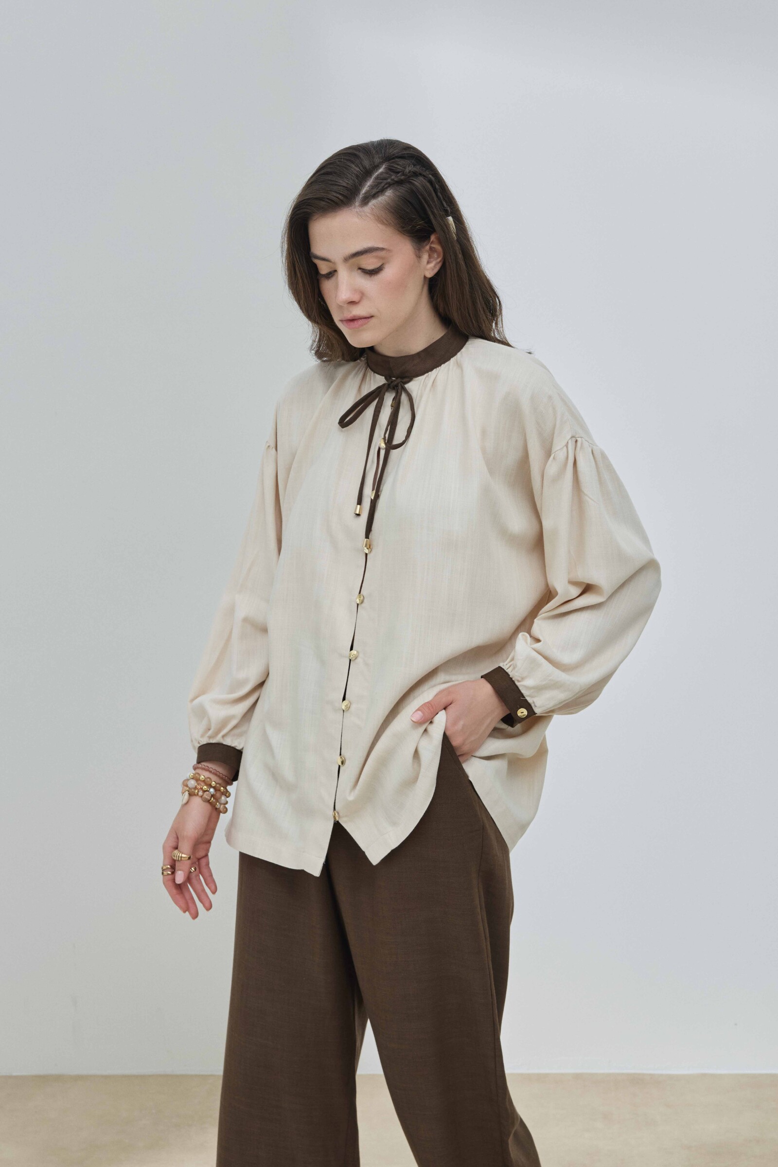 Bej Keten Garnili Gömlek - 2