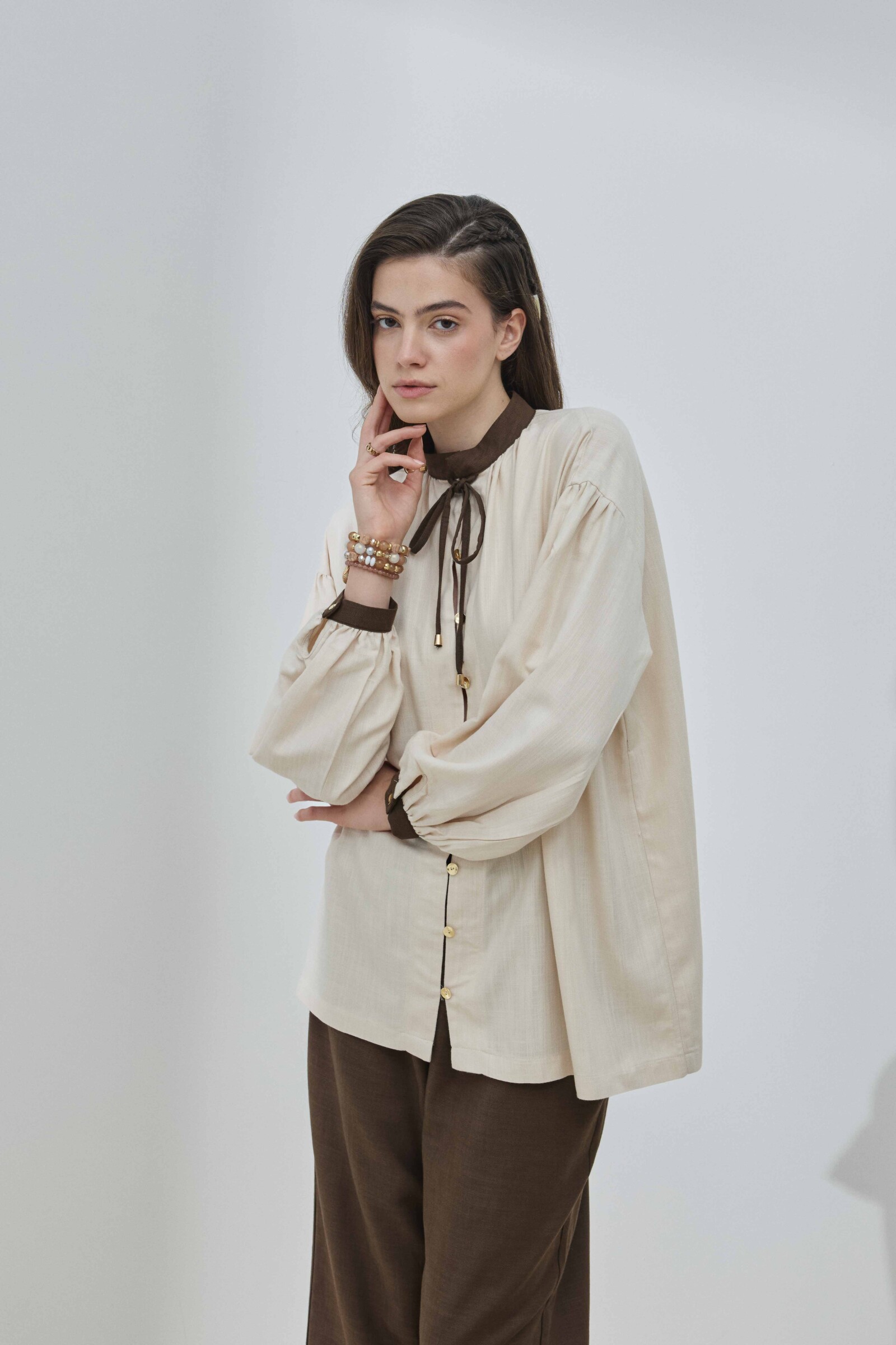 Bej Keten Garnili Gömlek - 5