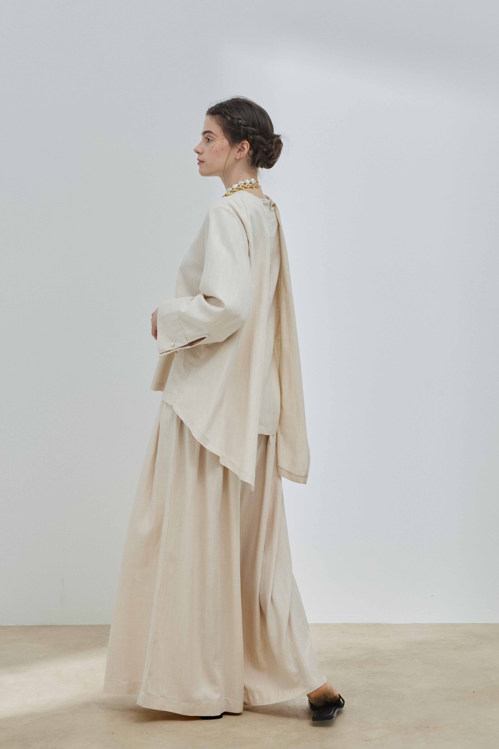 Bej Keten Pelerinli Bluz - 5