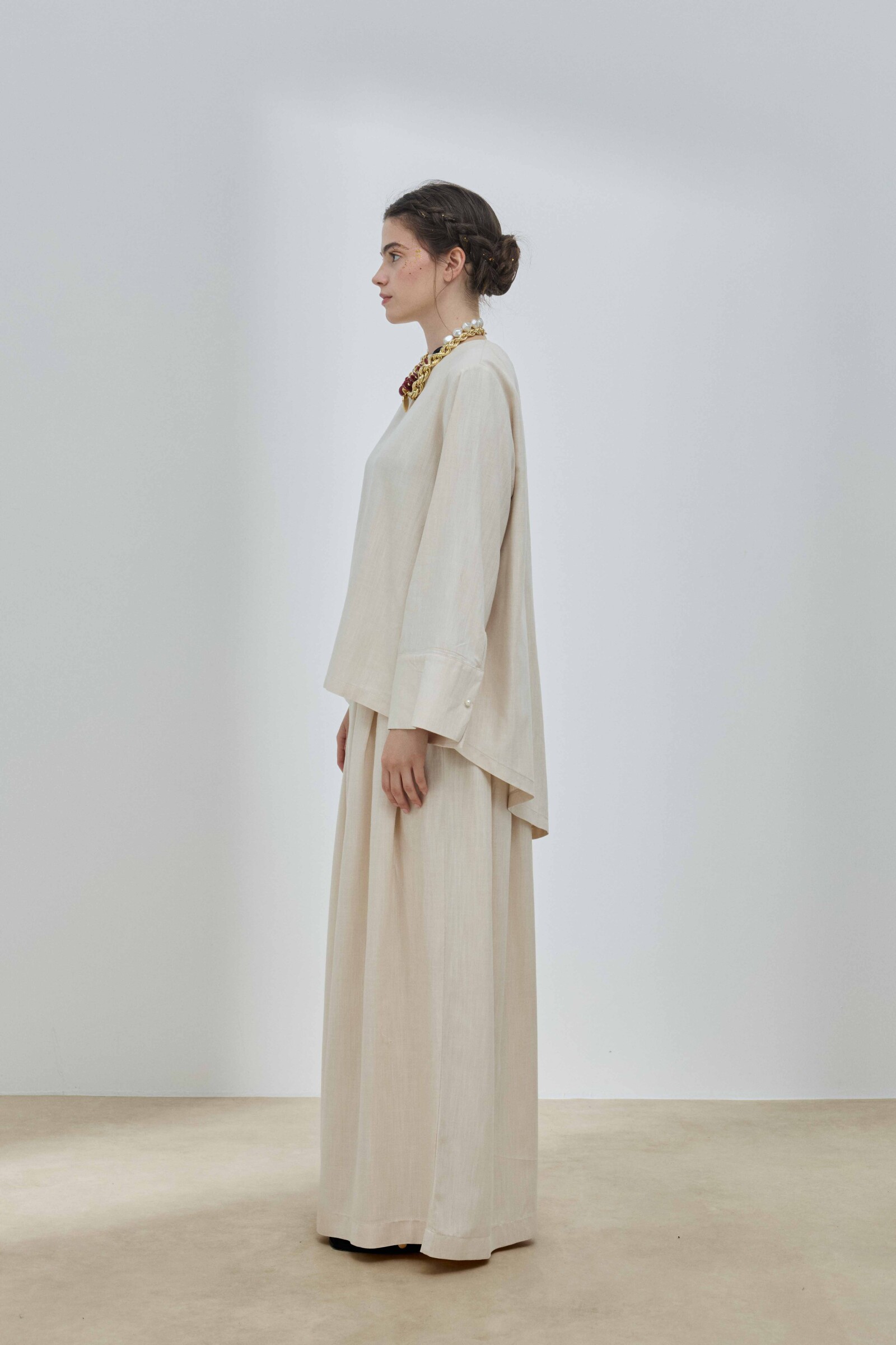 Bej Keten Pelerinli Bluz - 9