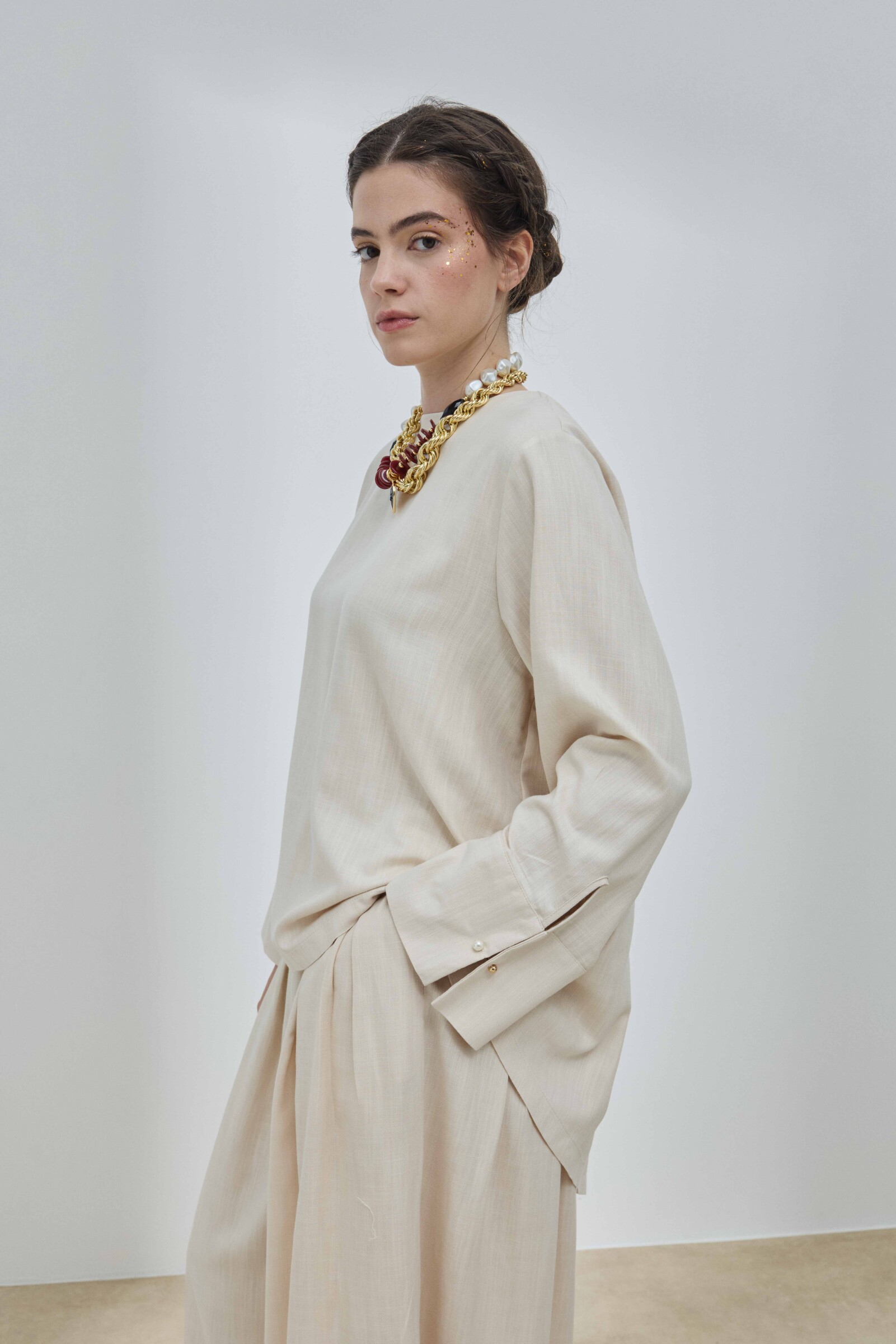 Bej Keten Pelerinli Bluz - 4