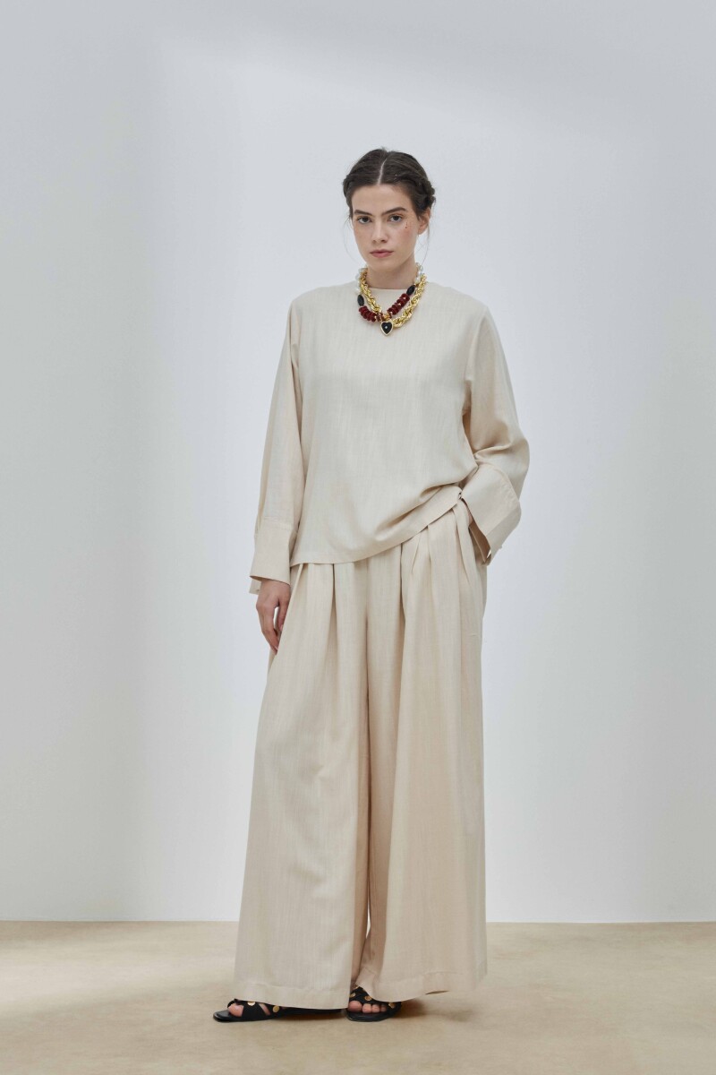 Bej Keten Pelerinli Bluz - 