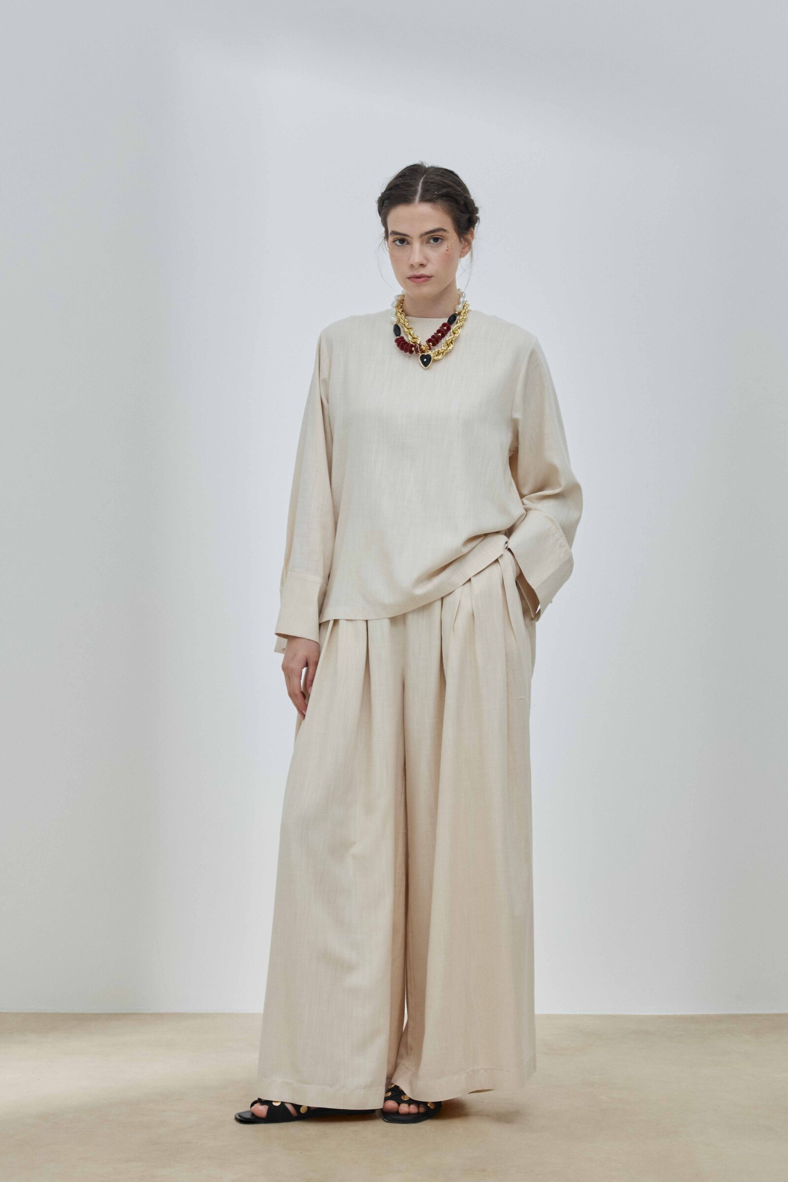 Bej Keten Pelerinli Bluz - 1