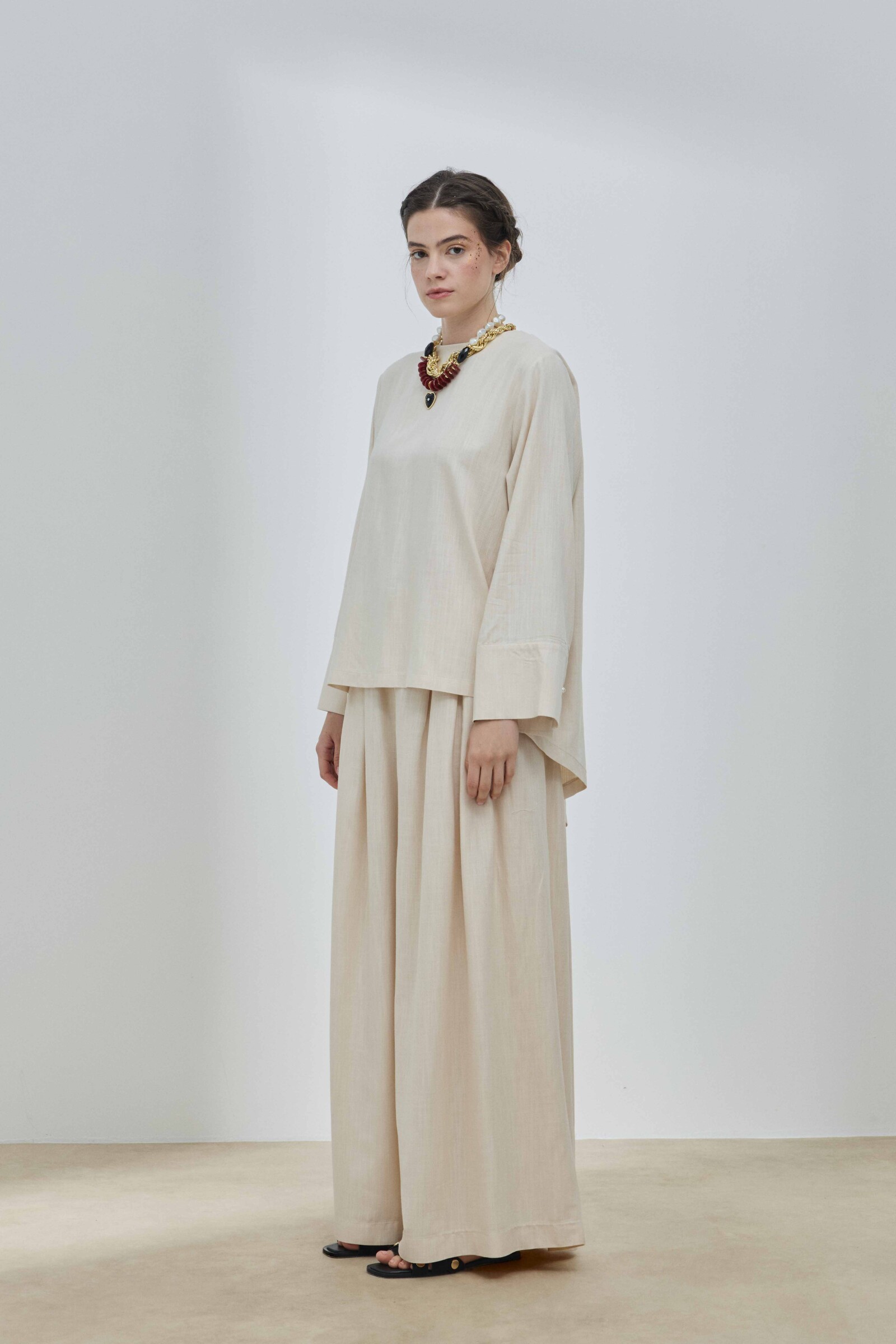 Bej Keten Pelerinli Bluz - 7