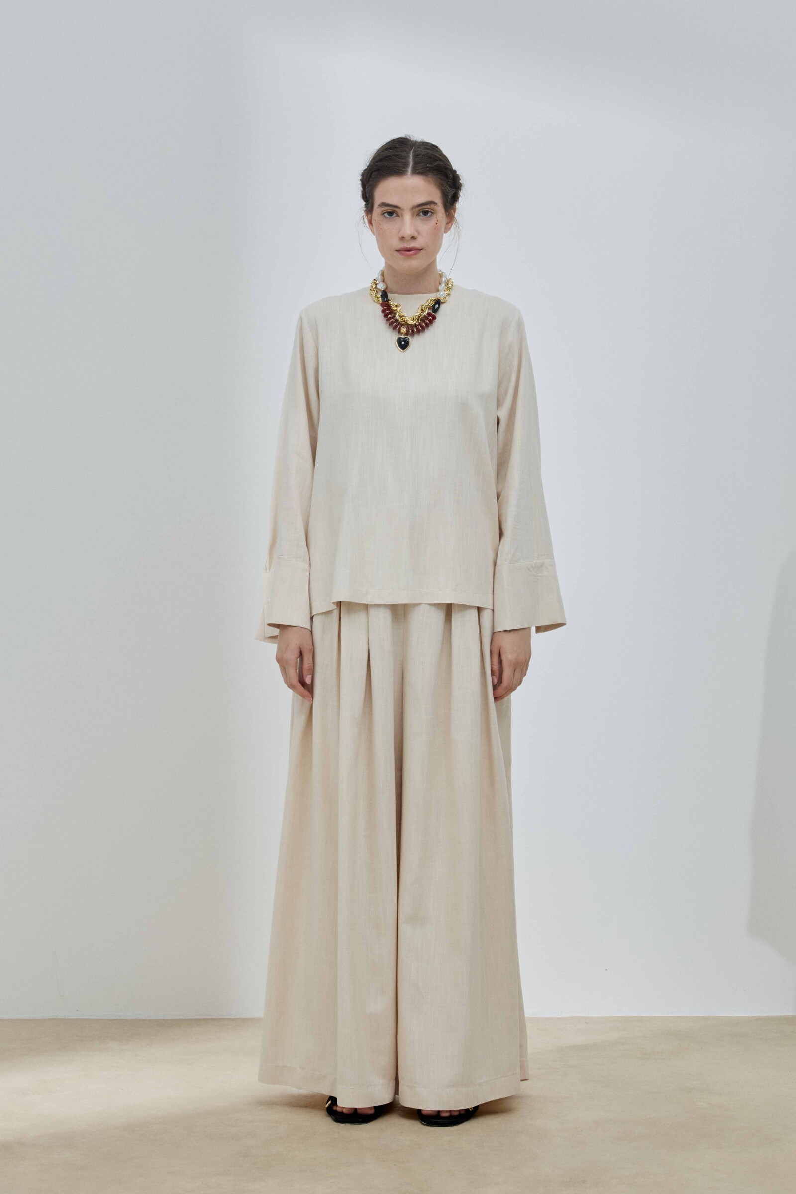 Bej Keten Pelerinli Bluz - 3