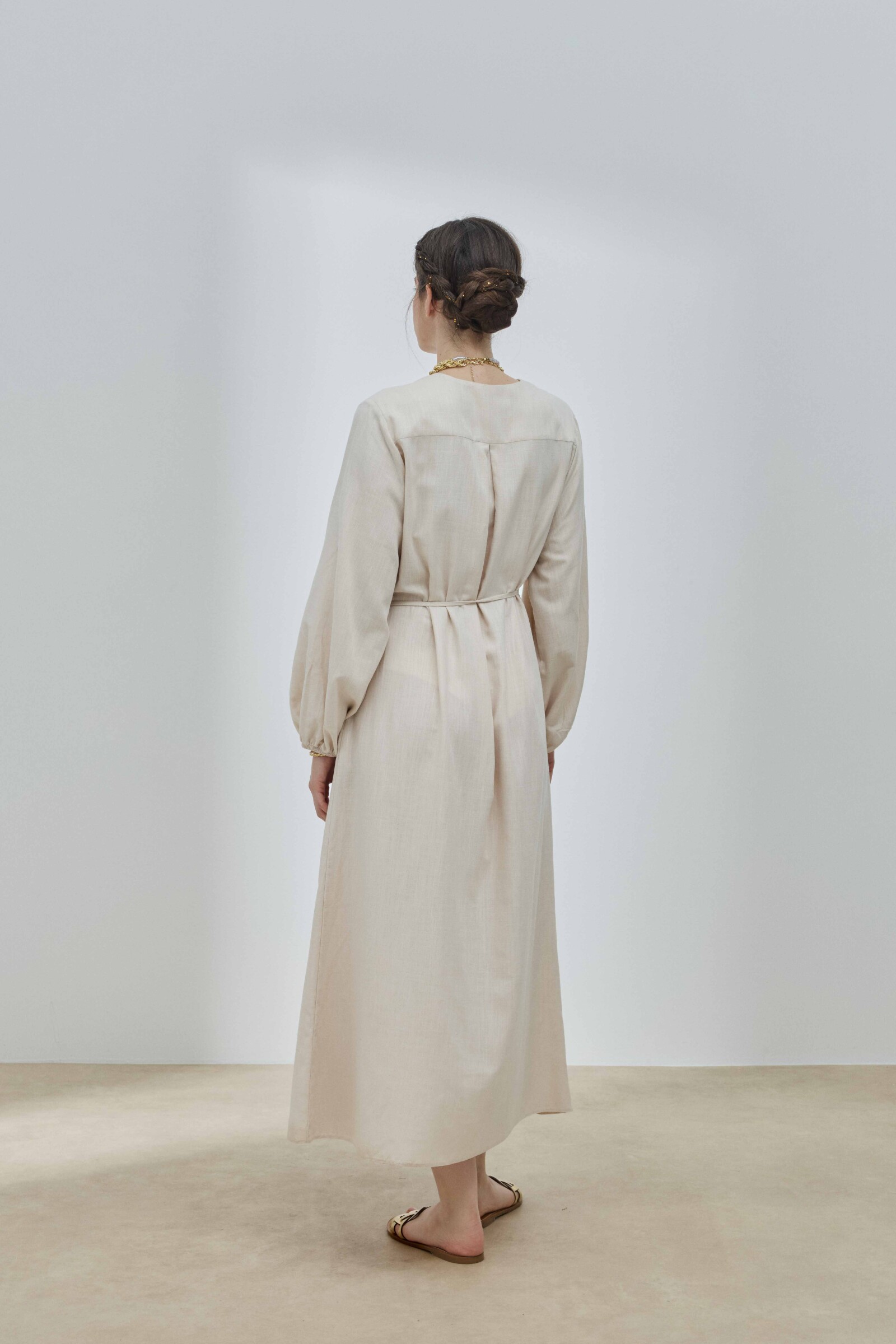 Bej Keten Robalı Elbise - 8