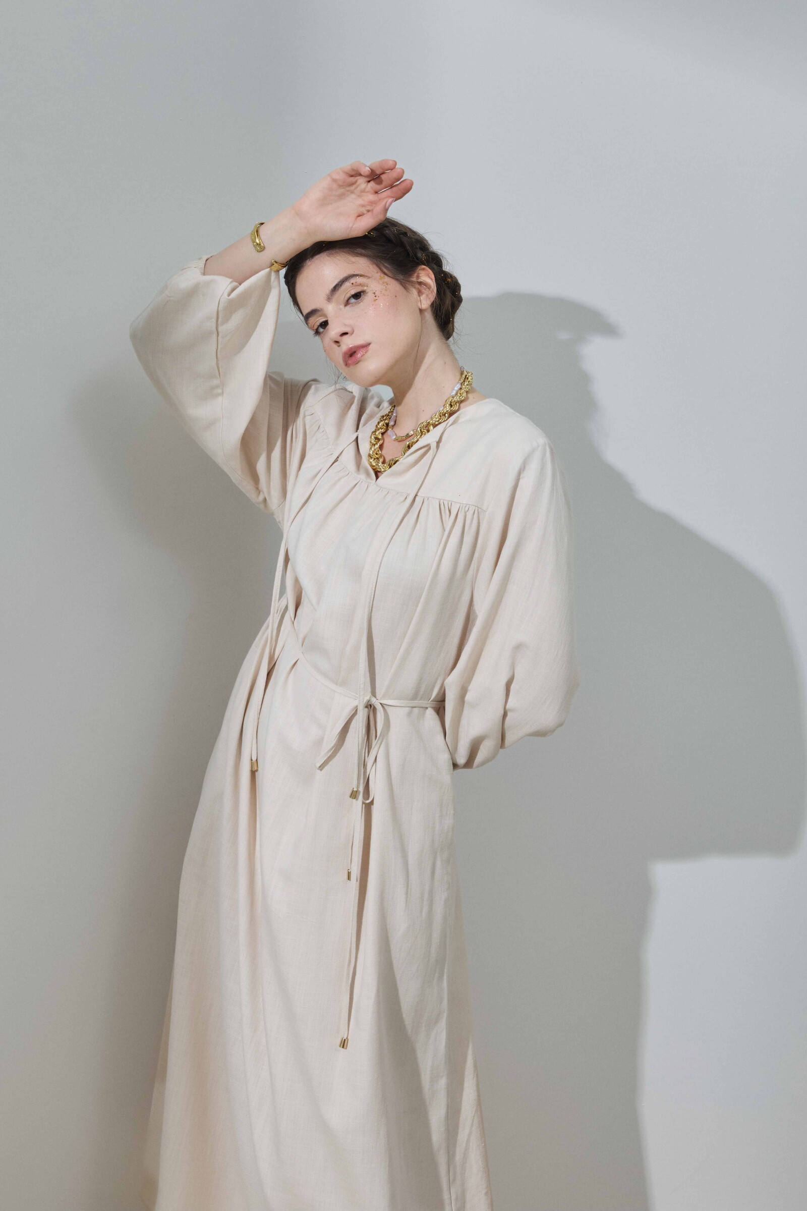 Bej Keten Robalı Elbise - 4