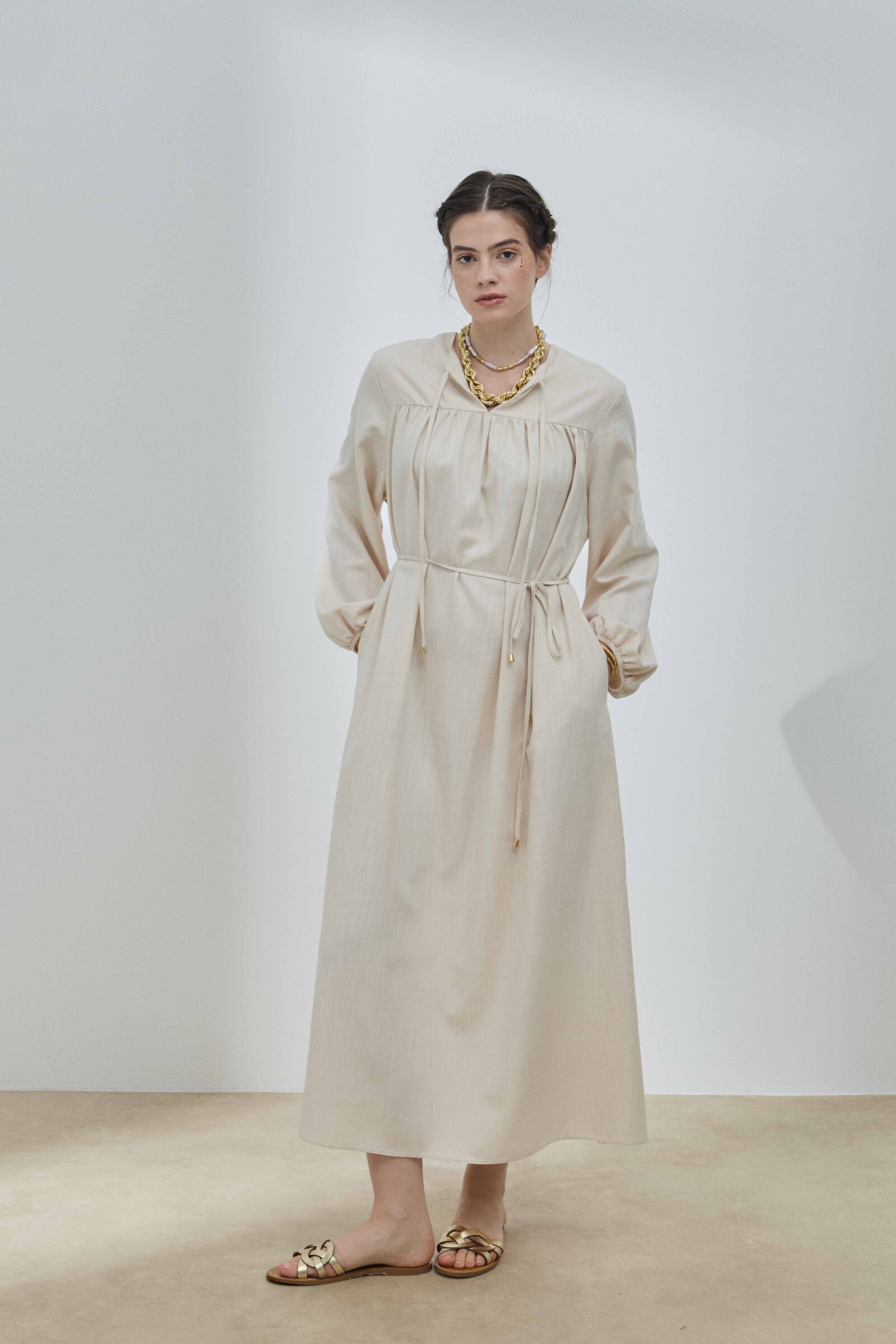 Bej Keten Robalı Elbise - 1