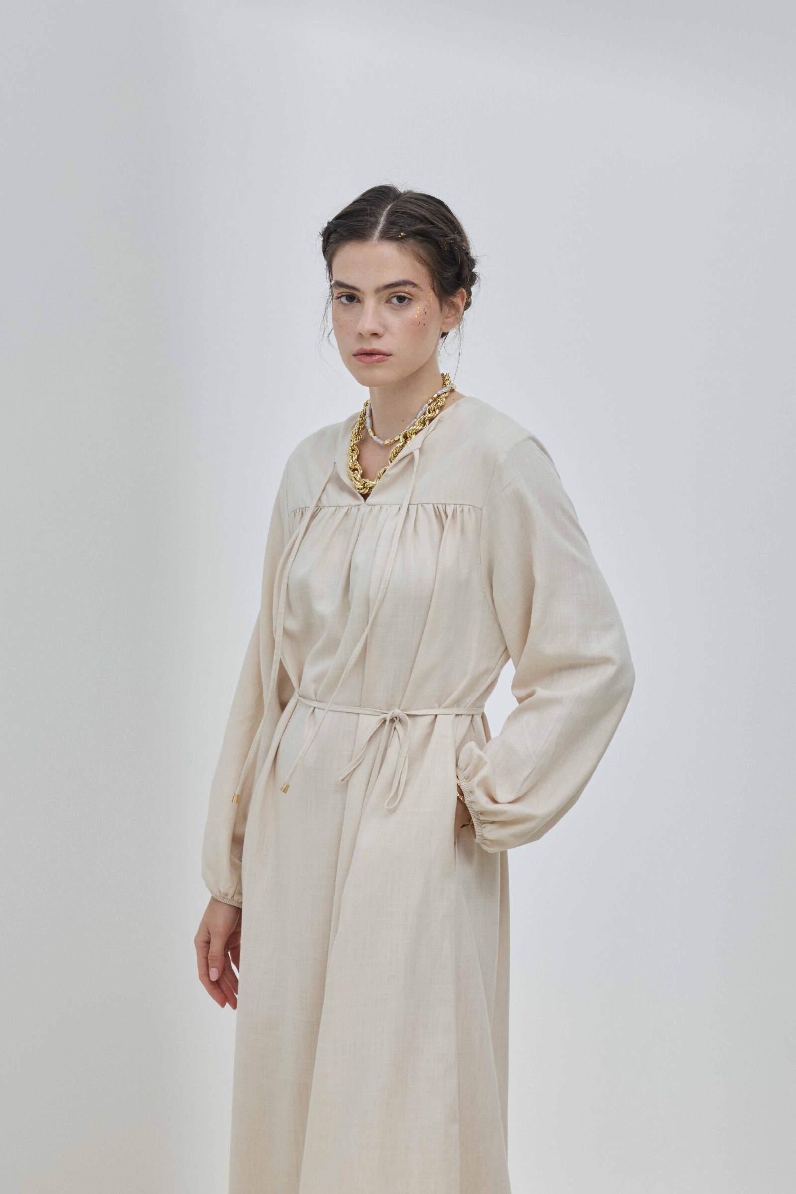 Bej Keten Robalı Elbise - 6