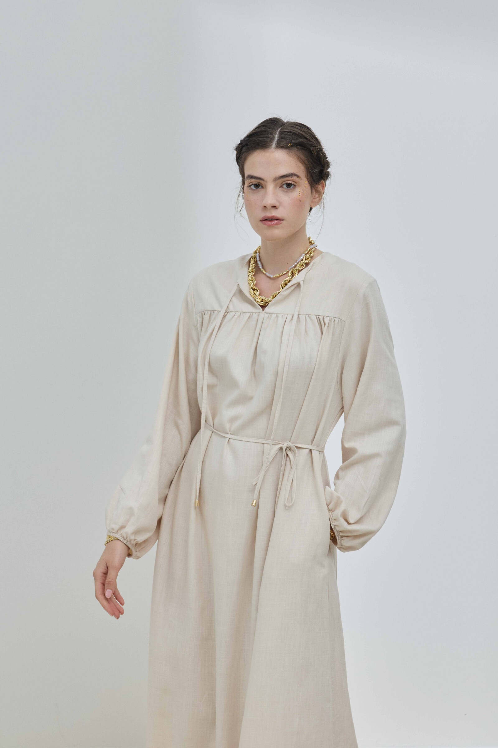 Bej Keten Robalı Elbise - 2