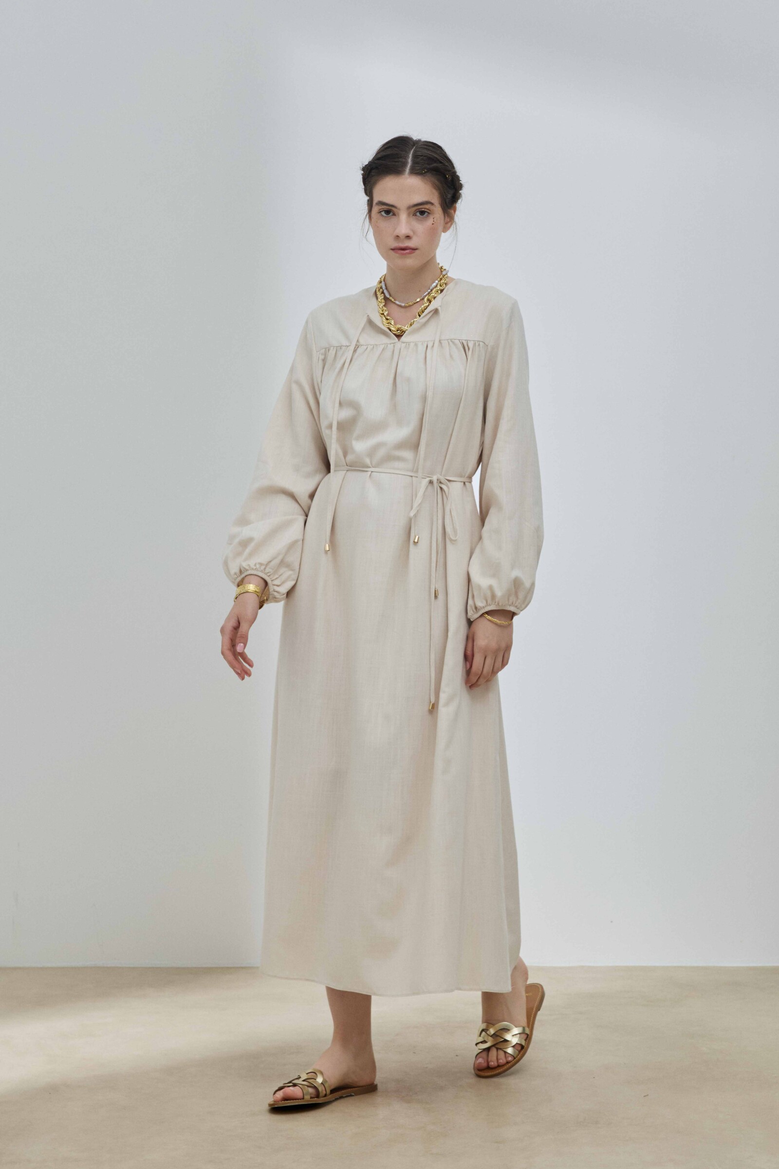 Bej Keten Robalı Elbise - 5