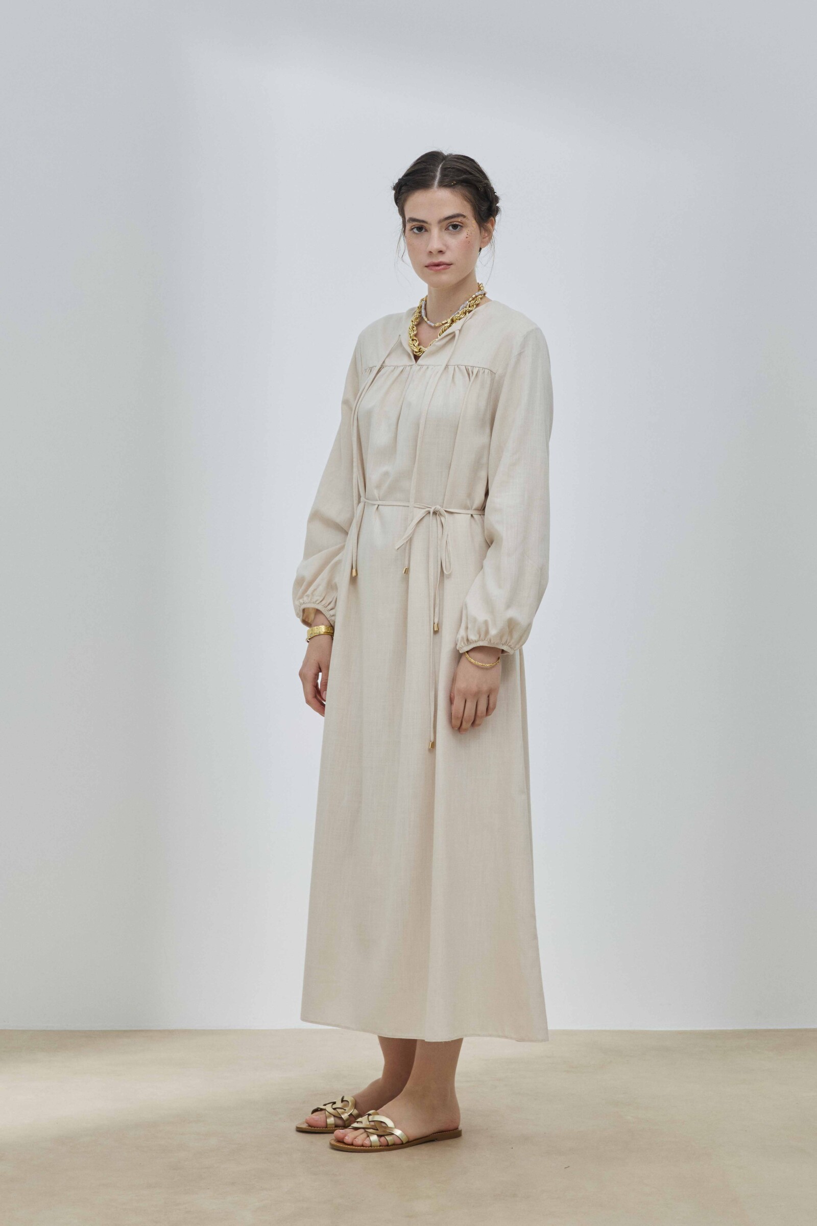 Bej Keten Robalı Elbise - 7